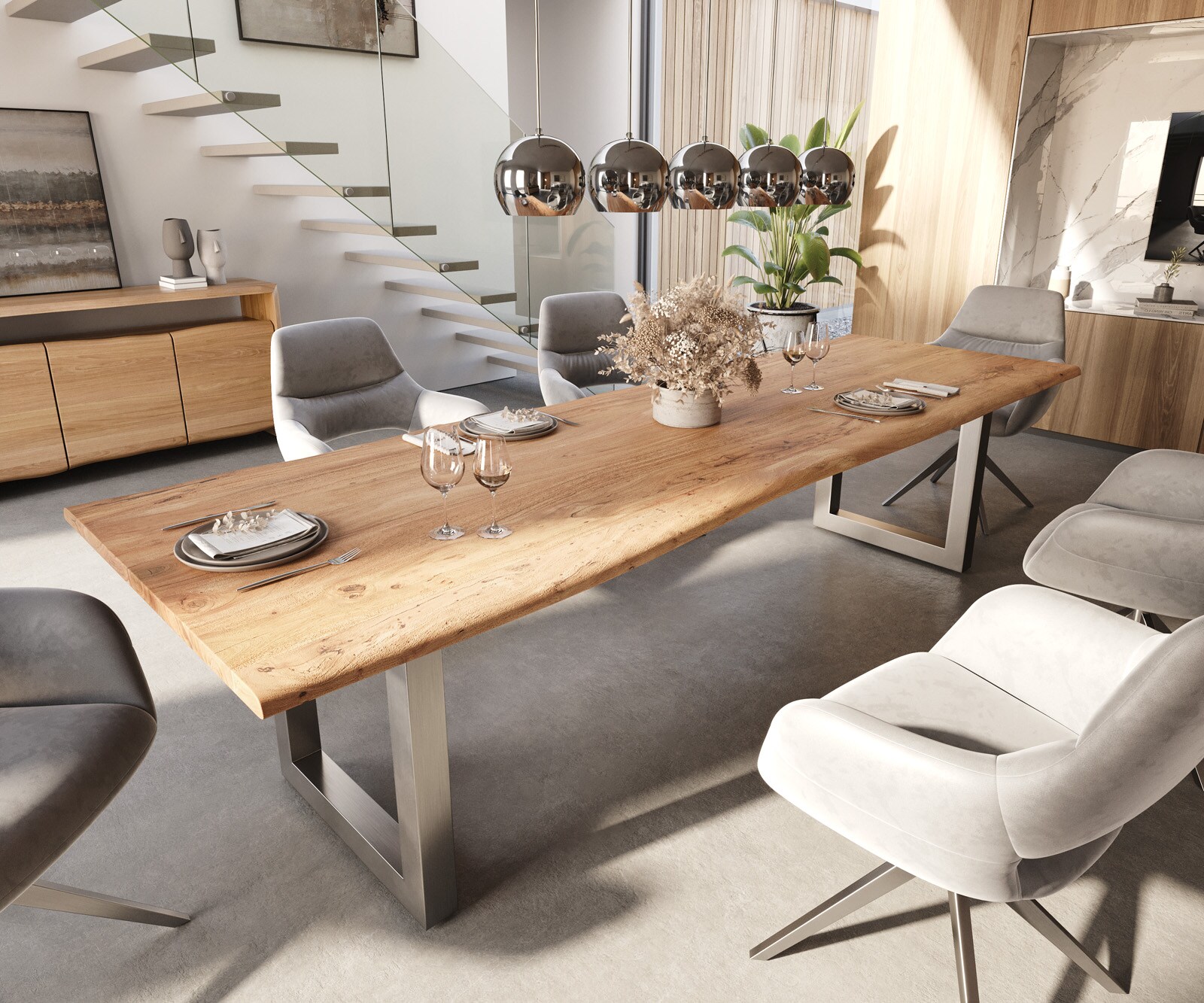 Eettafel Edge 300x100 acacia natuur roestvrijstaal breed Live-Edge 1