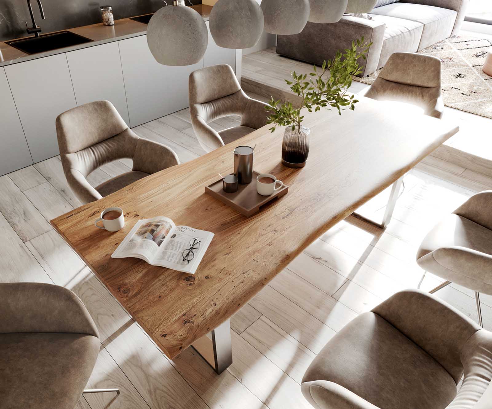 Eettafel Edge 240x100cm acacia natuur roestvrijstaal smal Live-Edge 4