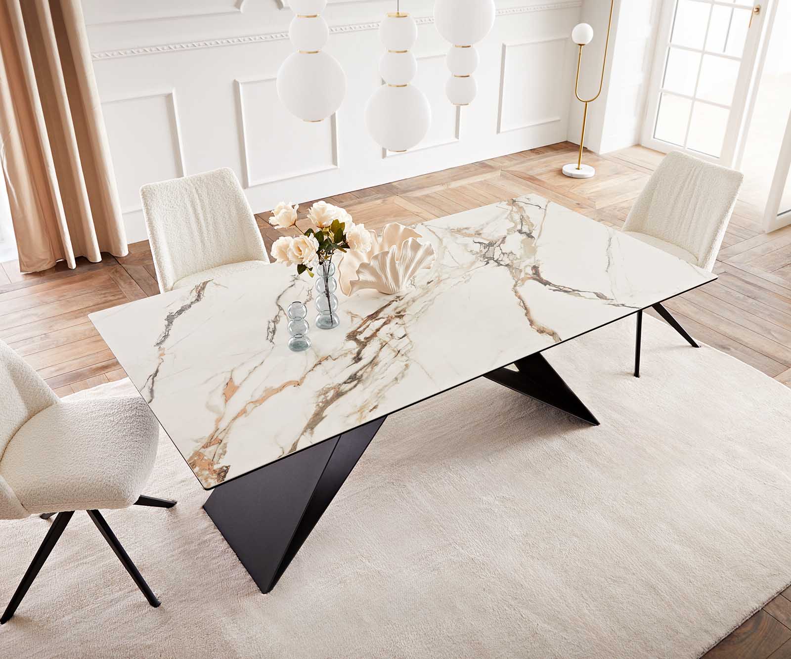 Eetkamertafel Edge 200x100 keramiek Calacatta Luxe wit-goud-grijs V-frame vlak staal zwart 6 Eetkamertafel Edge 200x100 keramiek Calacatta Luxe wit-goud-grijs V-frame vlak staal zwart 6