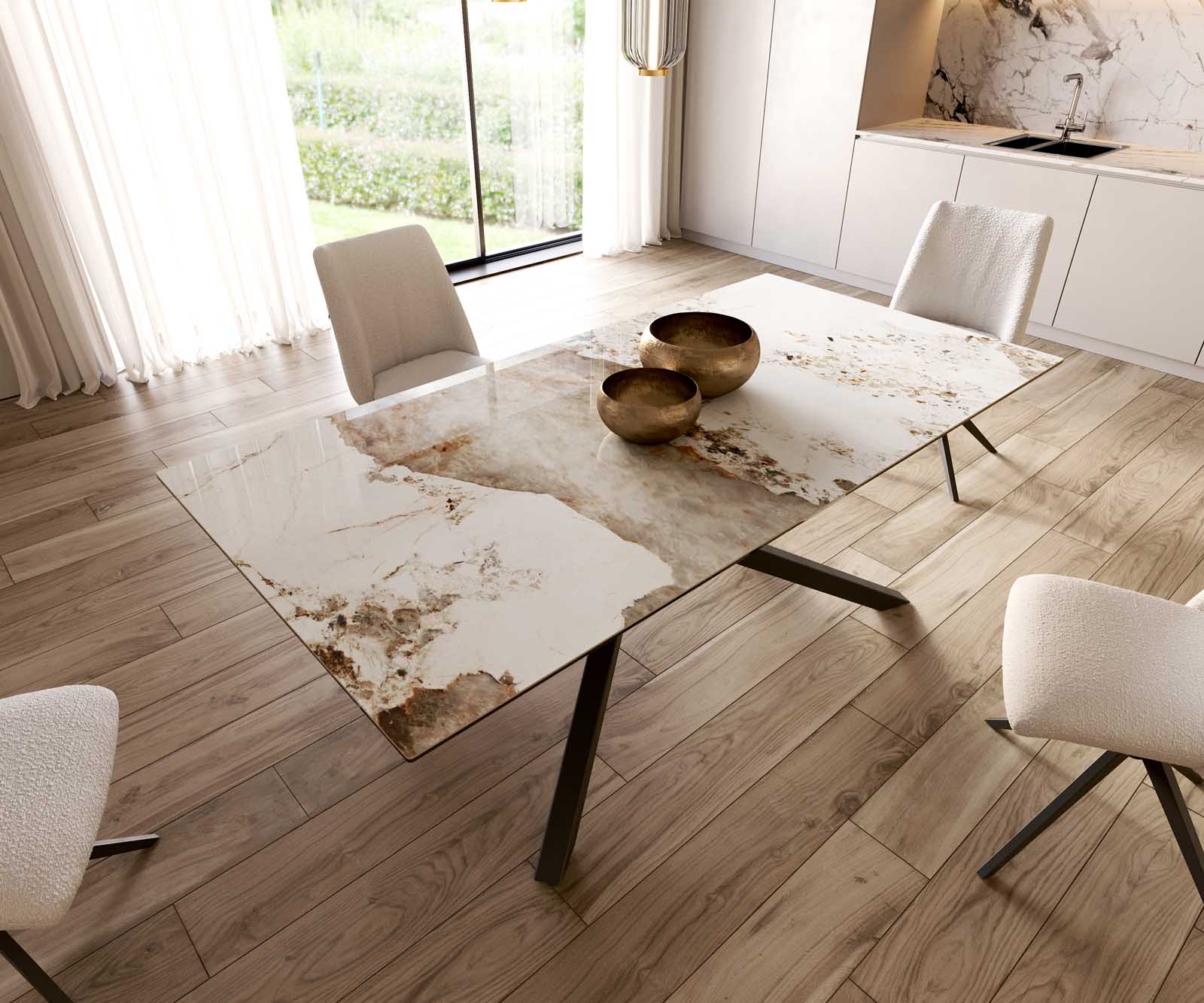 Eetkamertafel Edge 200x100 keramiek Minas Melange wit-beige kruisframe rechthoek zwart 6
