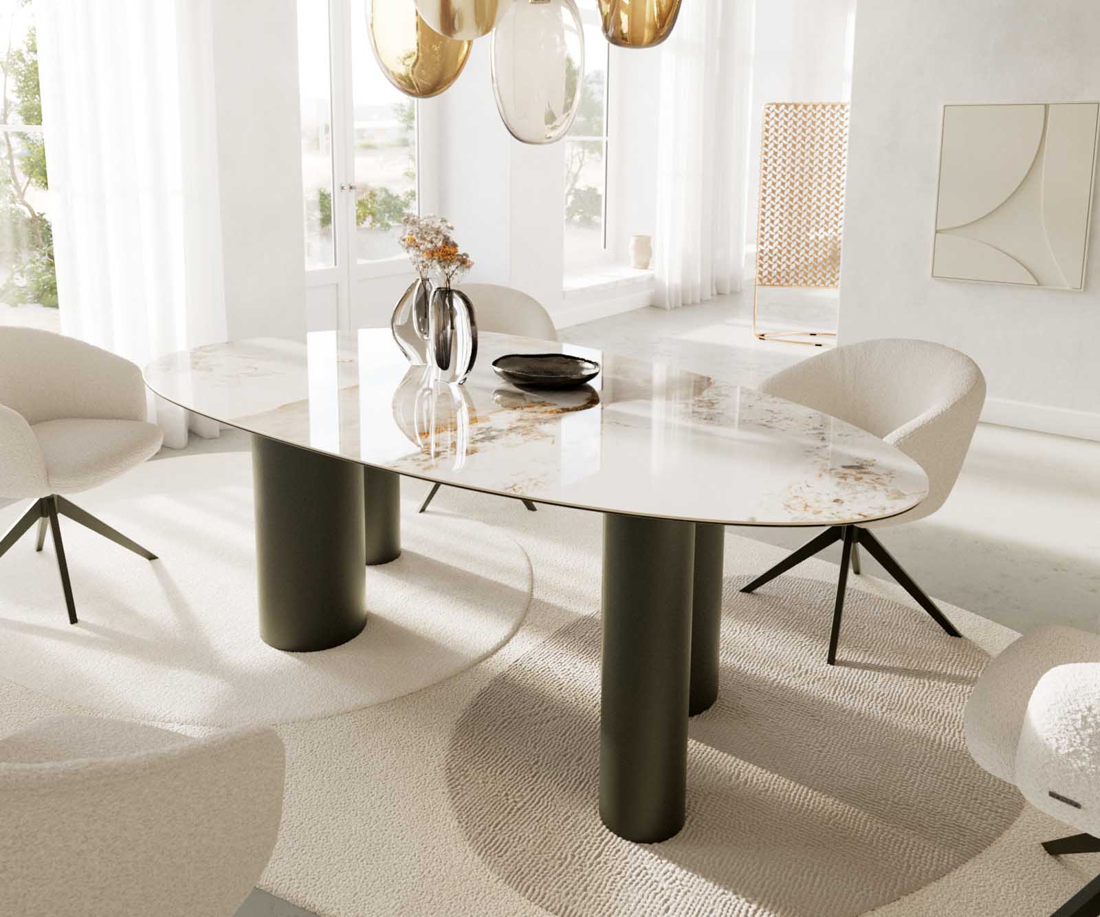 Eettafel Edge ovaal 220x120 keramiek Minas Melange wit-beige pilier metaal effect afwerking titanium 6