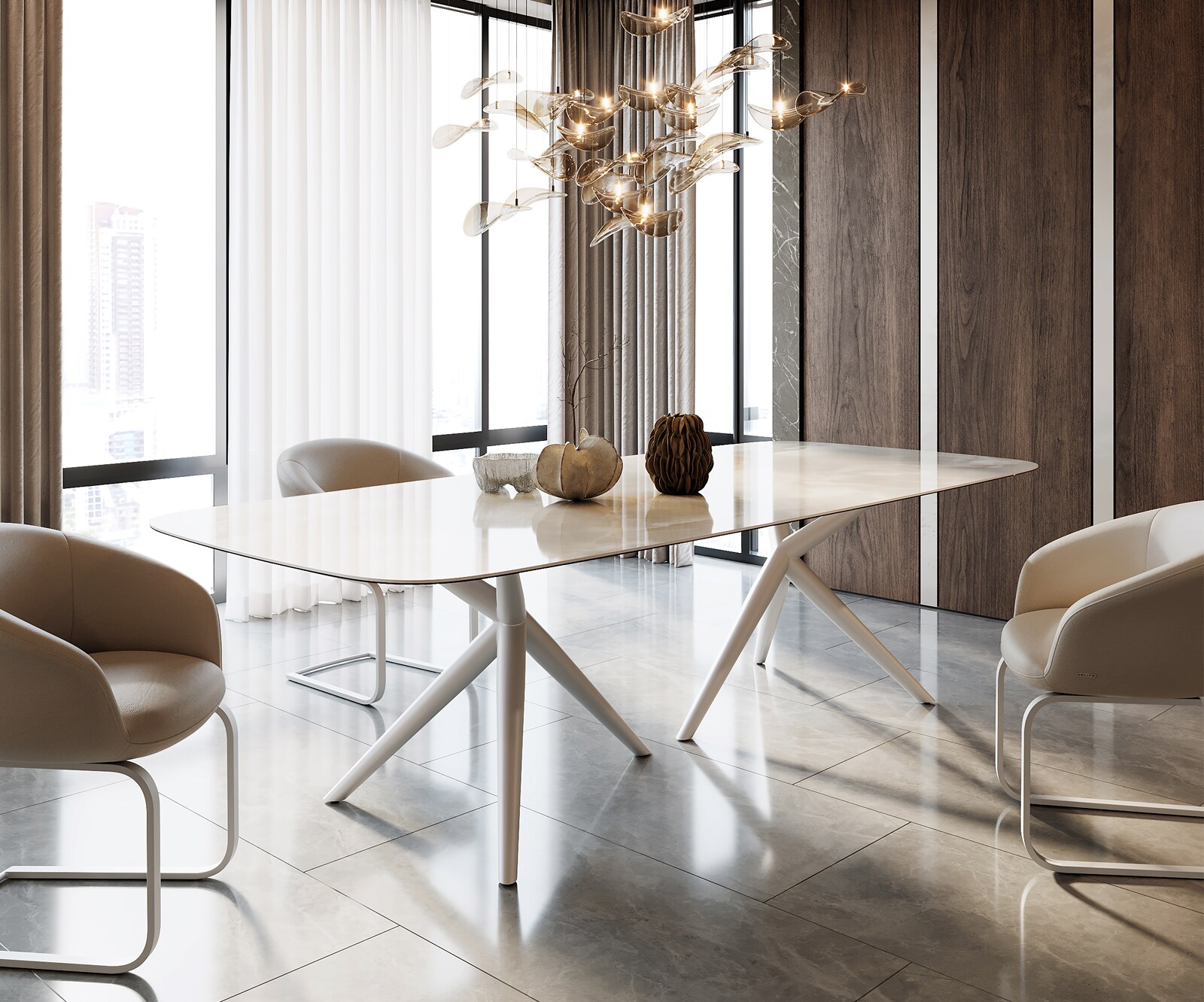 Eetkamertafel Edge Boot 270x120 keramiek Iris FMG Onice Grigio Estelar rond  metaal wit