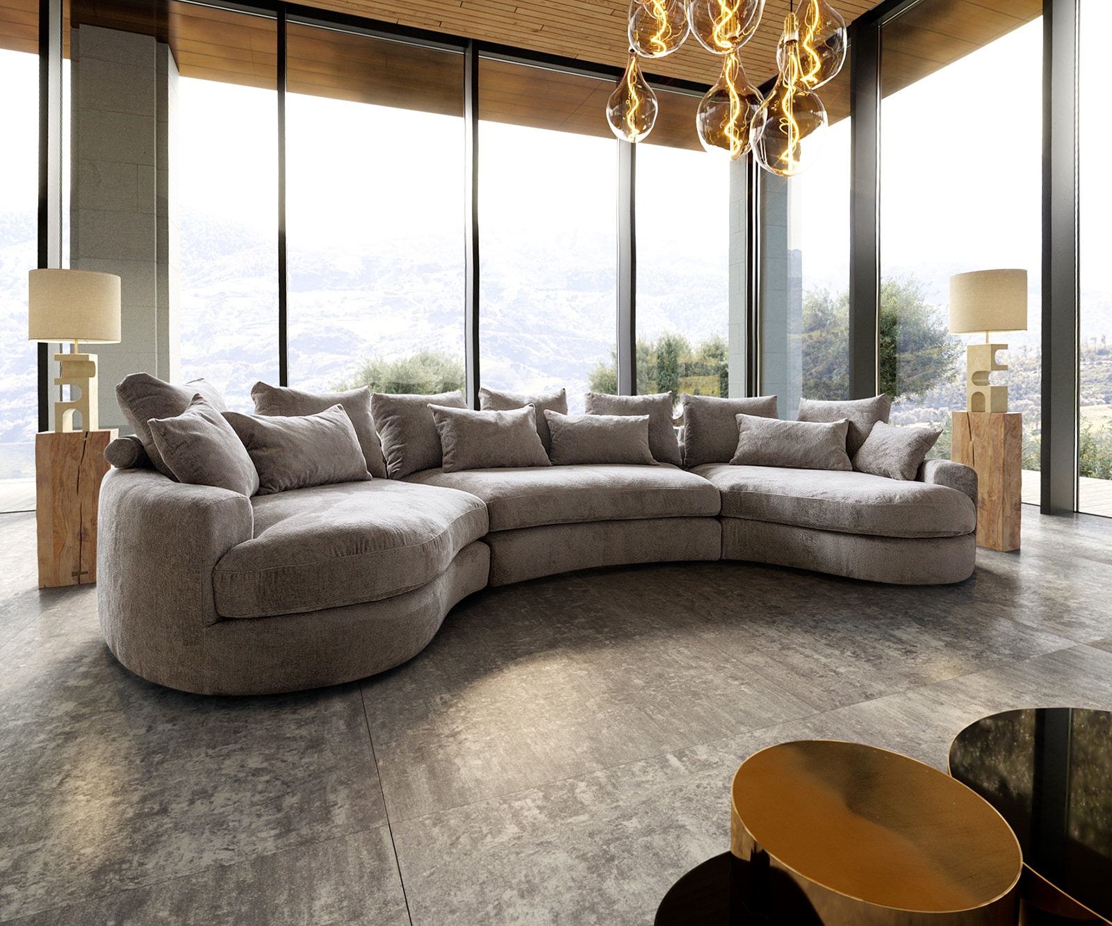 Mega-sofa Estrea 410x155 cm geweven stof taupe ronde bank