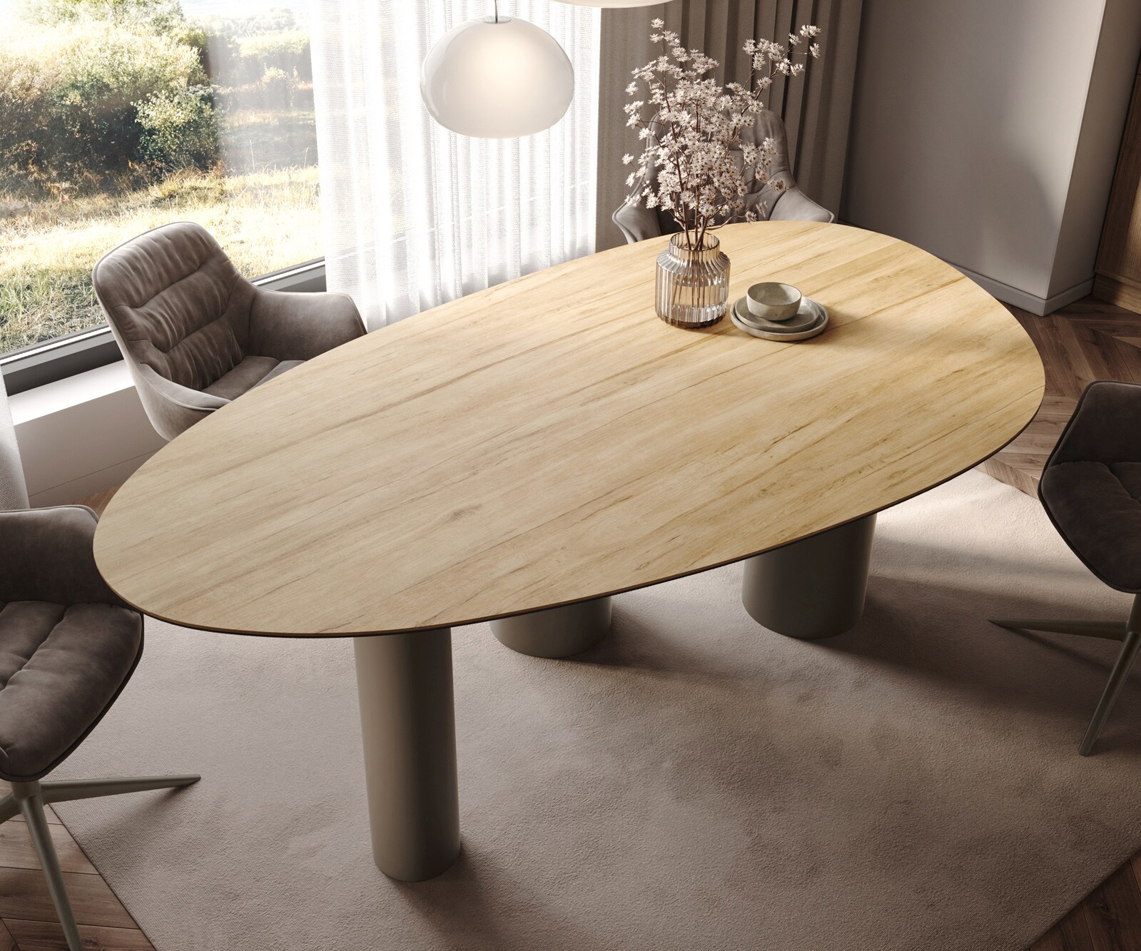 Eetkamertafel Edge ovaal 220x120 keramiek Laminam® Sabbia eiken kleur Pilier metaal effectafwerking titaan 3
