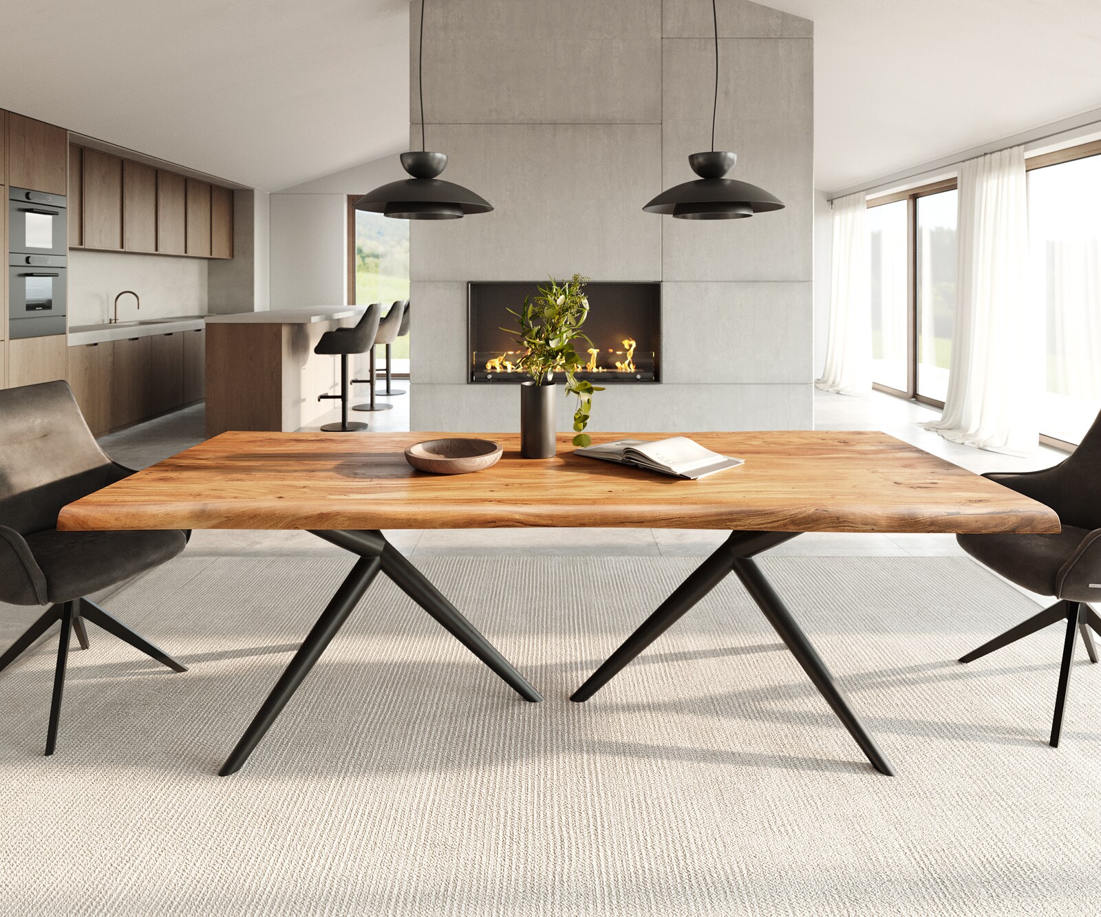 Eettafel Edge 240x100 acacia natuur Estelar rond metaal zwart Live-Edge 1