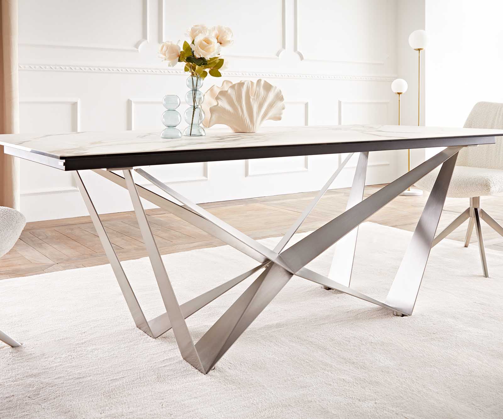 Eetkamertafel Edge 200x100 keramiek Calacatta Luxe wit-goud-grijs spider vlak staal RVS 7