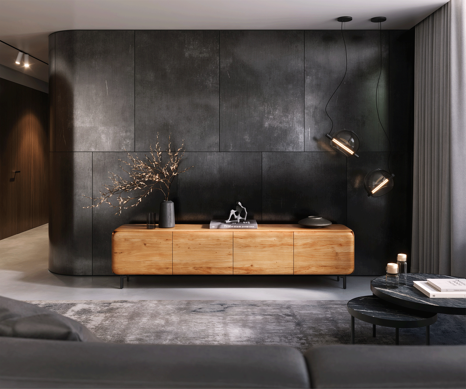 TV-meubel Shavani 220 cm acacia natuur 4 deuren poot ovaal metaal zwart 5