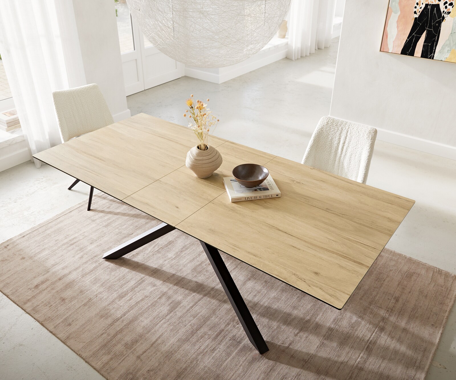 Eetkamertafel Edge 180-220x100 keramiek Laminam® Sabbia eiken kleur kruisframe rechthoek zwart uitschuifbaar 4