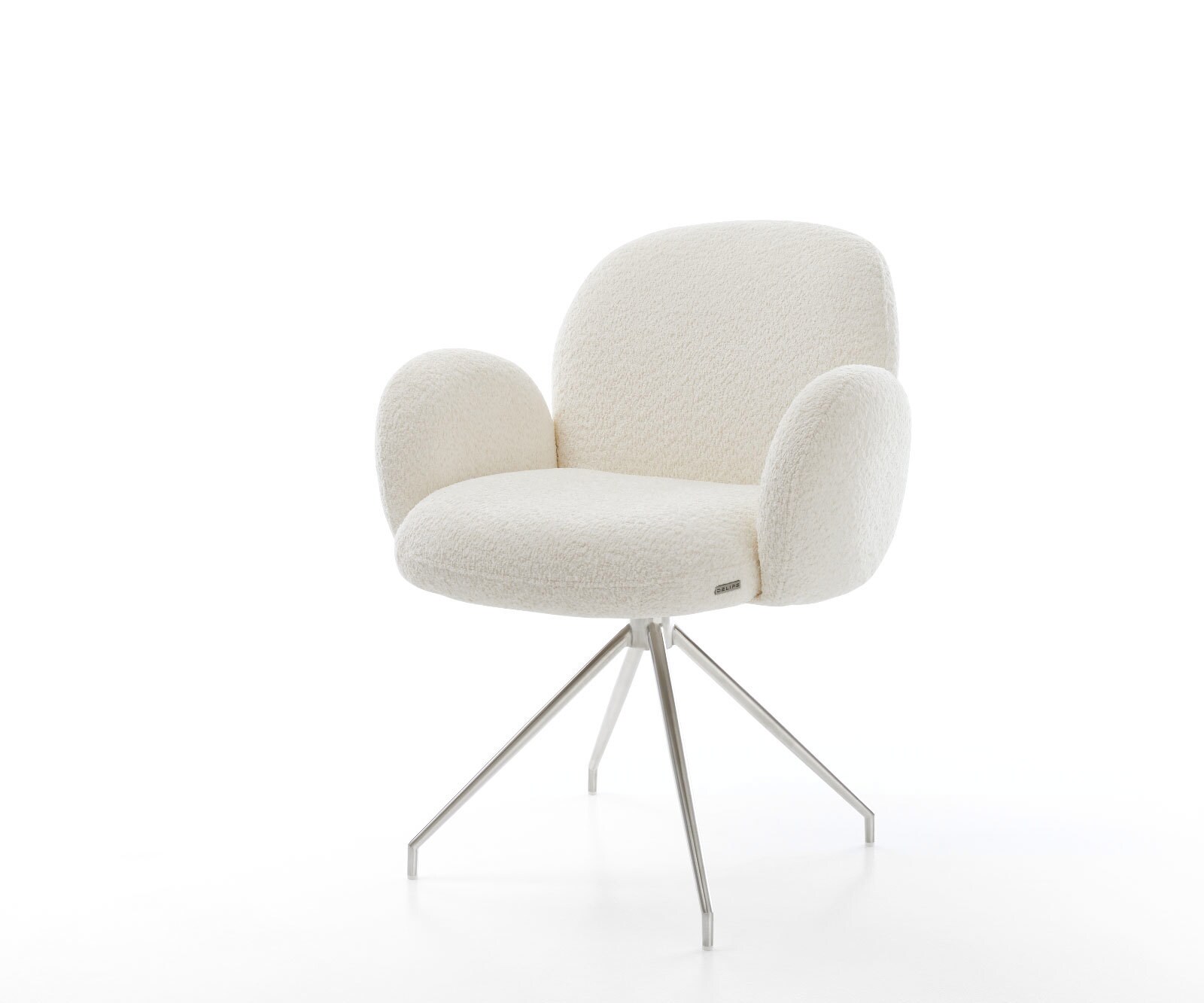 Draaistoel Nube-Flex met armleuning bouclé wit kruisframe conisch roestvrij staal 180° draaibaar pocketveer kern