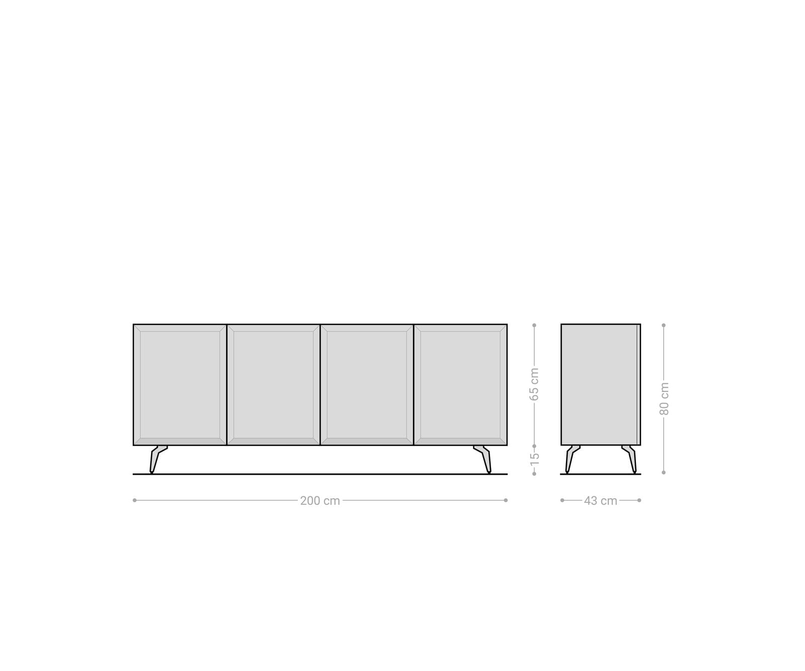 Dressoir Marellia 200 cm grijs 4 deuren Schuin onderstel metaal zwart 6 Dressoir Marellia 200 cm grijs 4 deuren Schuin onderstel metaal zwart 6