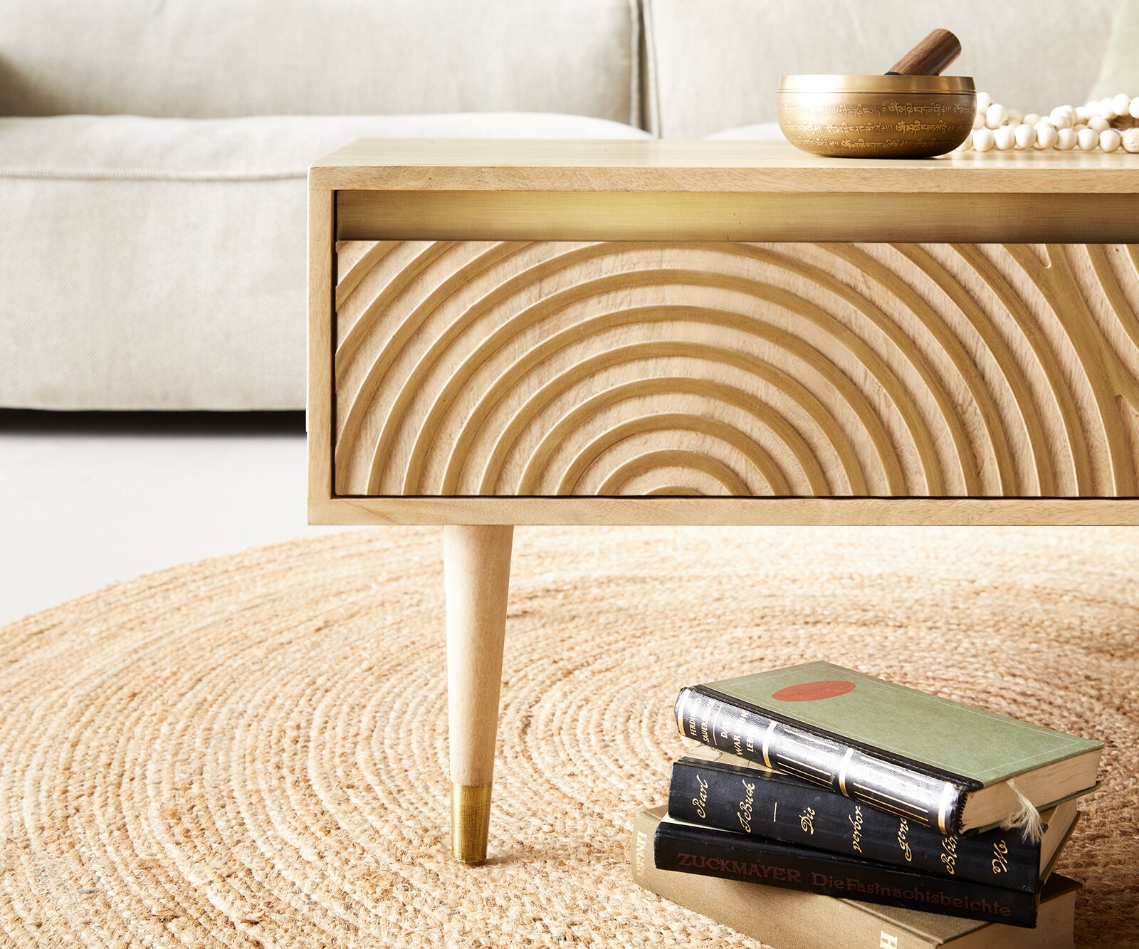 Salontafel Budaya mango natuur 115x60 cm 2 laden 1 plank poot rond 6