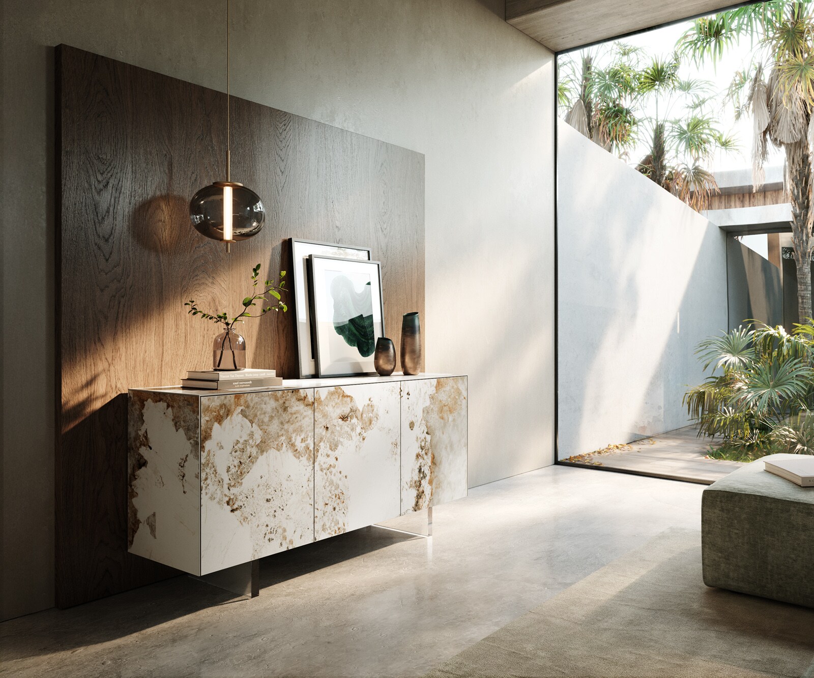 Dressoir Cuor 150 cm Keramiek Minas Melange Wit-beige 3 Deuren Zwevende voet look Acrylglas