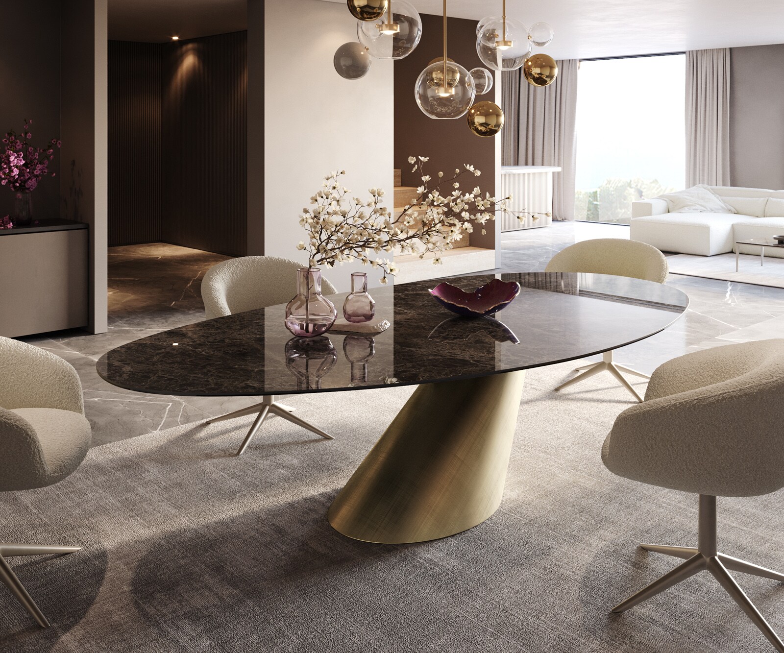 Eettafel Edge Ovaal Keramiek Emperador Extra Lucidato Donkerbruin 280x130 Cono Metallic Goud 1