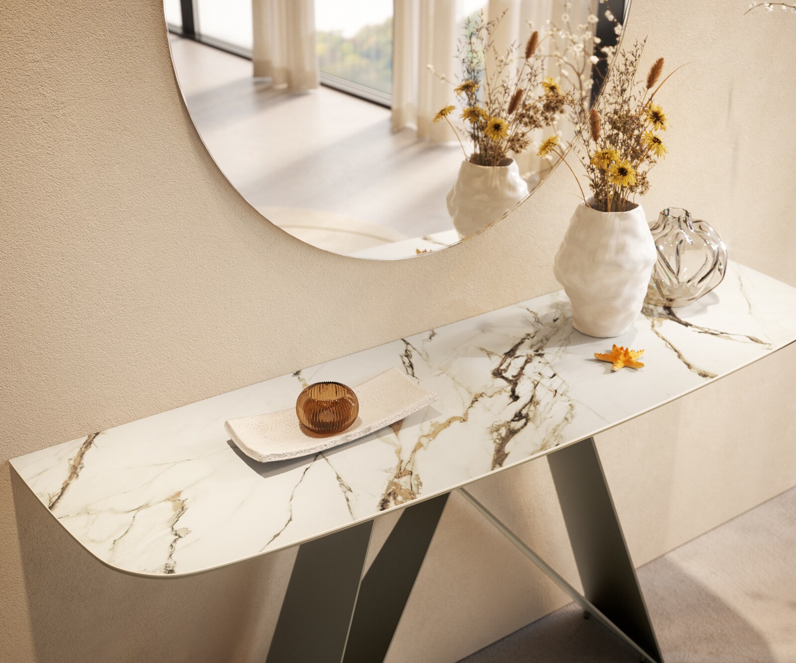 Consoletafel Edge Bootvorm 140x40 cm Keramiek Calacatta Luxe Weiß-Gold-Grijs Velio Metaal Effektfinish Titan 6