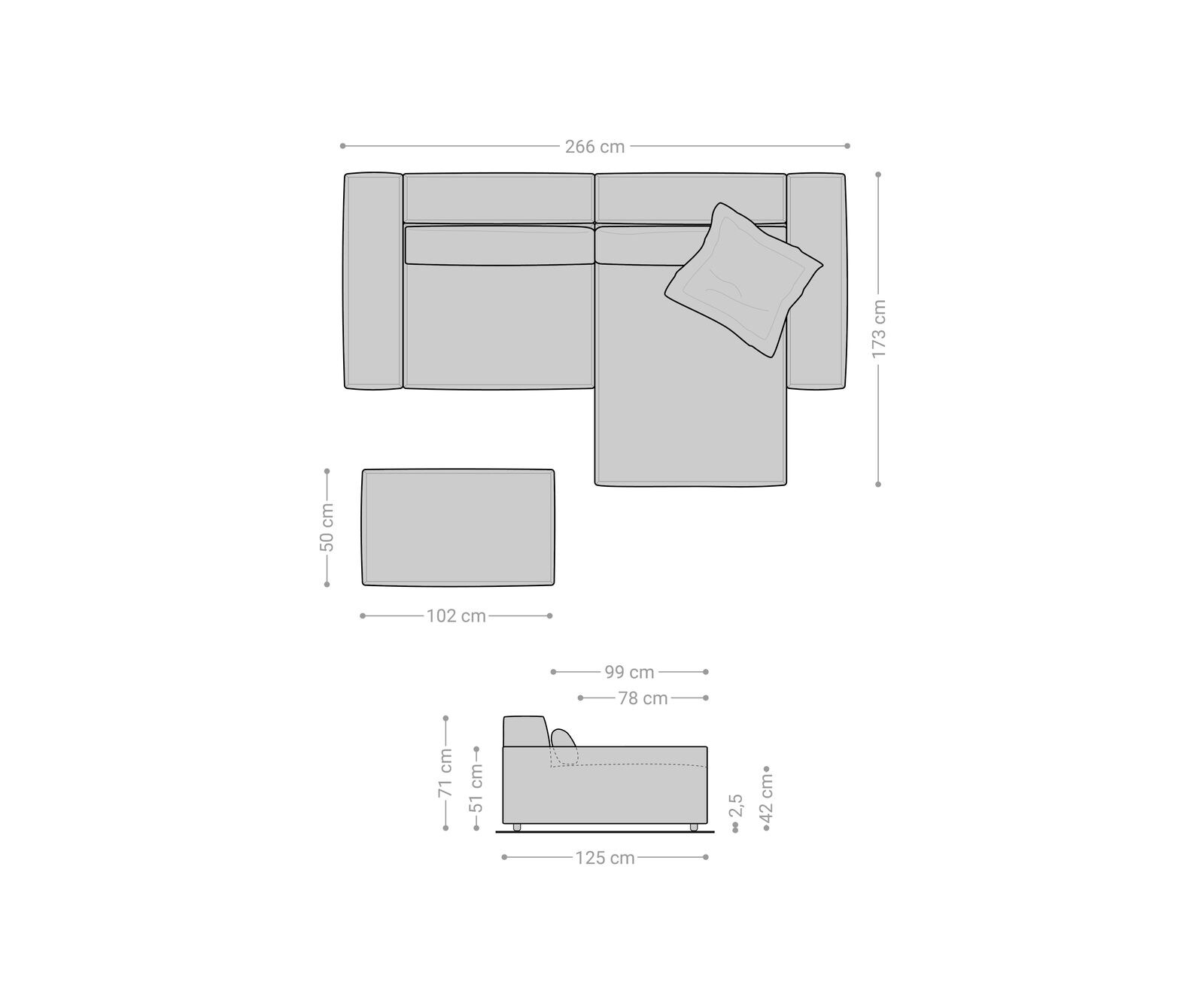 Hoekbank Sirpio XL 270x170 cm bouclee cream-white recamiere variabel met kruk 8