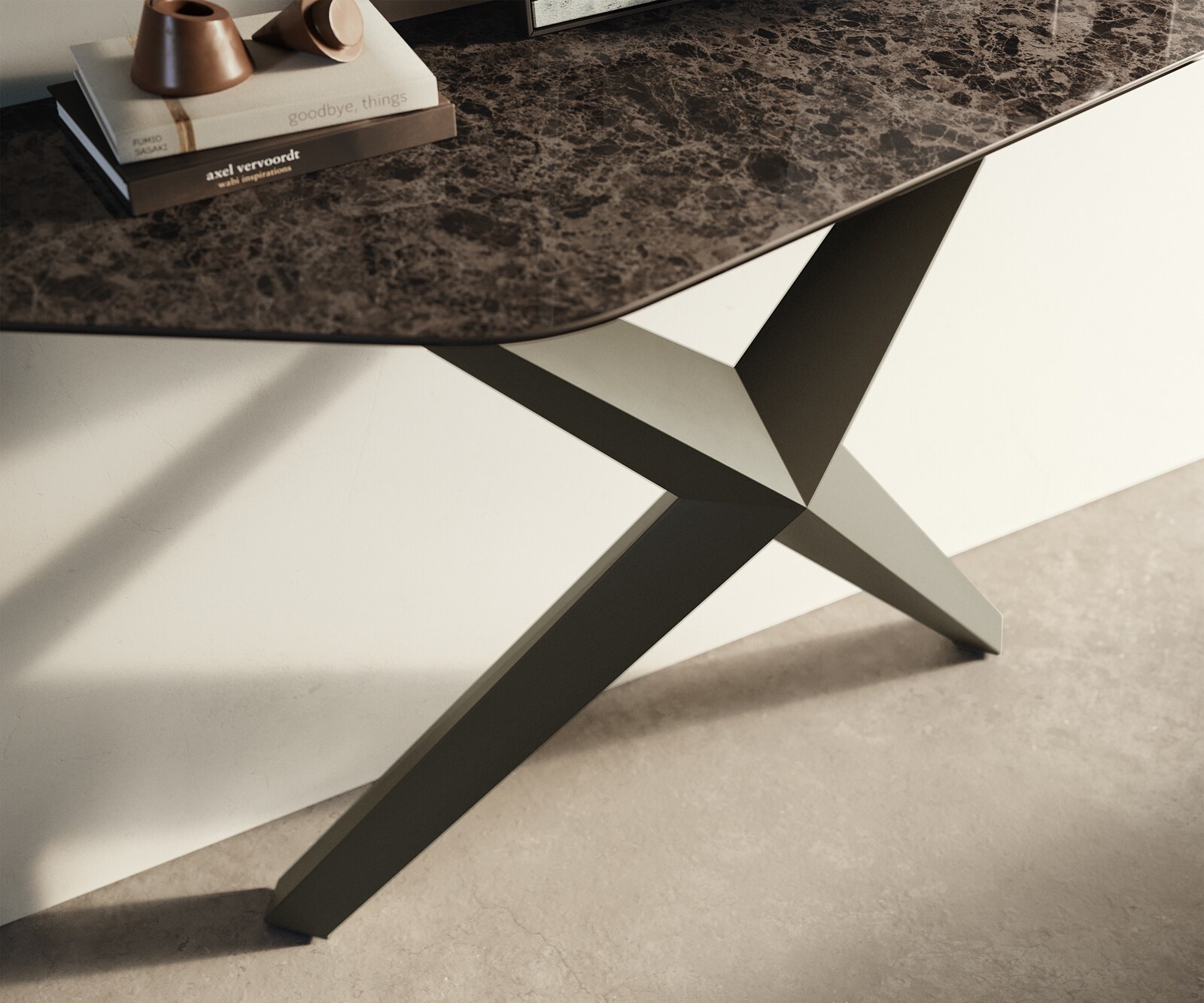 Consoletafel Edge Polygonaal 140x50 cm Keramiek Emperador Extra Lucidato Dunkelbraun Zentharo Metaal Effektfinish Titan 5