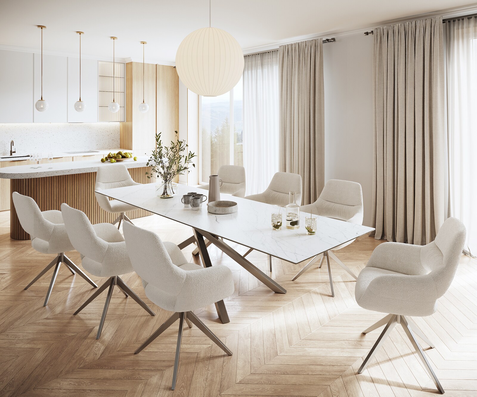 Eettafel Edge 300x100cm Laminam® keramiek wit middenpoot kruis zilver 7