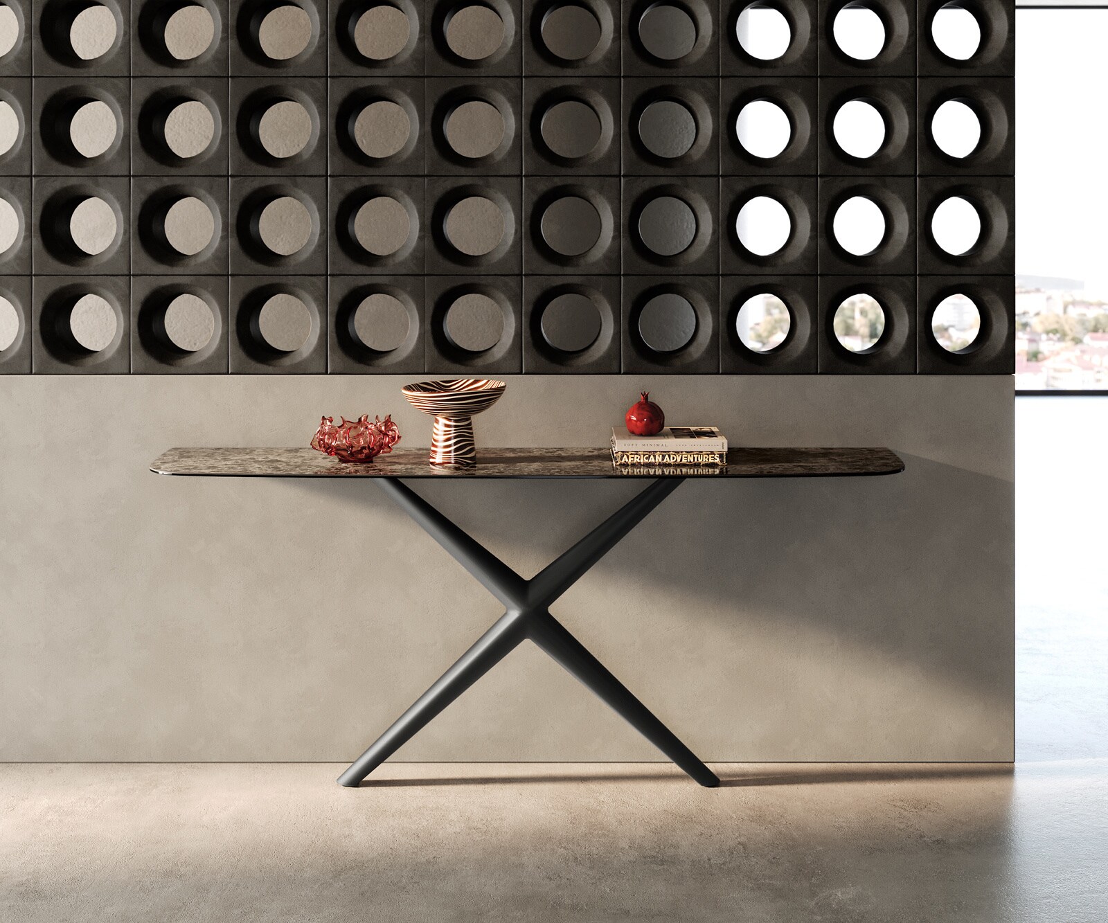 Consoletafel Edge Bootvorm 180x40 cm Keramiek Emperador Extra Lucidato Dunkelbraun Estelo Metaal Zwart 1