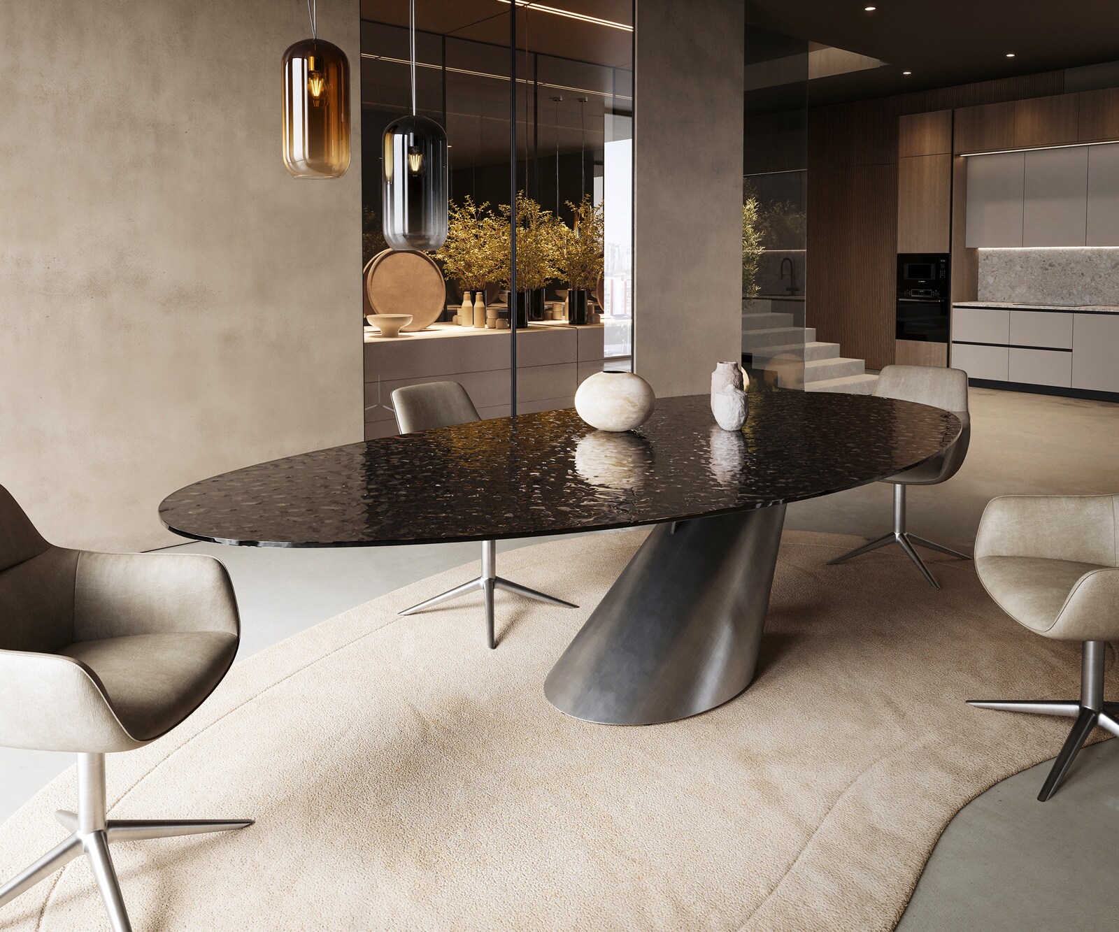 Eettafel Edge Oval 280x130 Reliefglas rookzwart 3D-Design Cono metaal zilver 1