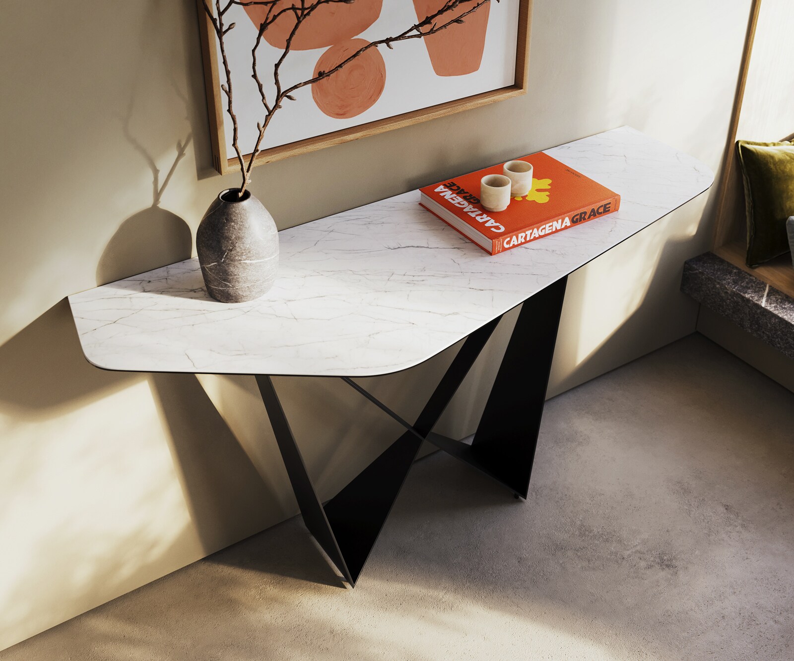 Consoletafel Edge Polygonaal 140x50 cm Keramiek Laminam® Statuarietto Weiß Spios Metaal Zwart 2