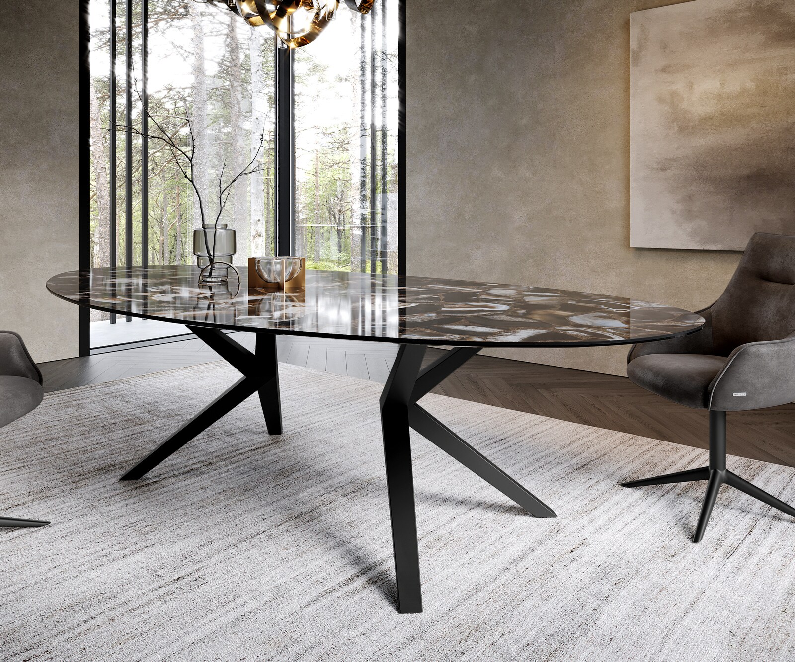 Eetkamertafel Edge ovaal 280x130 keramiek Iris FMG Agatablack Zenthara hoekig metaal zwart 5
