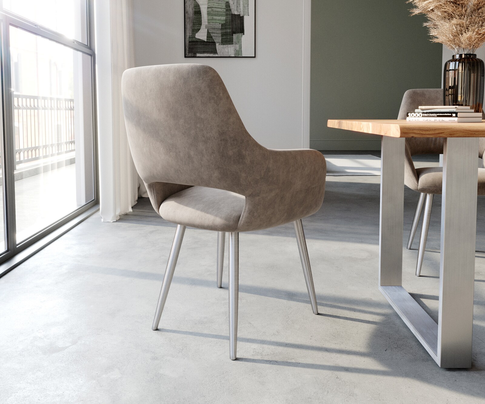 Eetkamerstoel Yago-Flex met armleuning microvelours taupe vintage 4-poot conisch roestvrij staal pocketveer kern 5