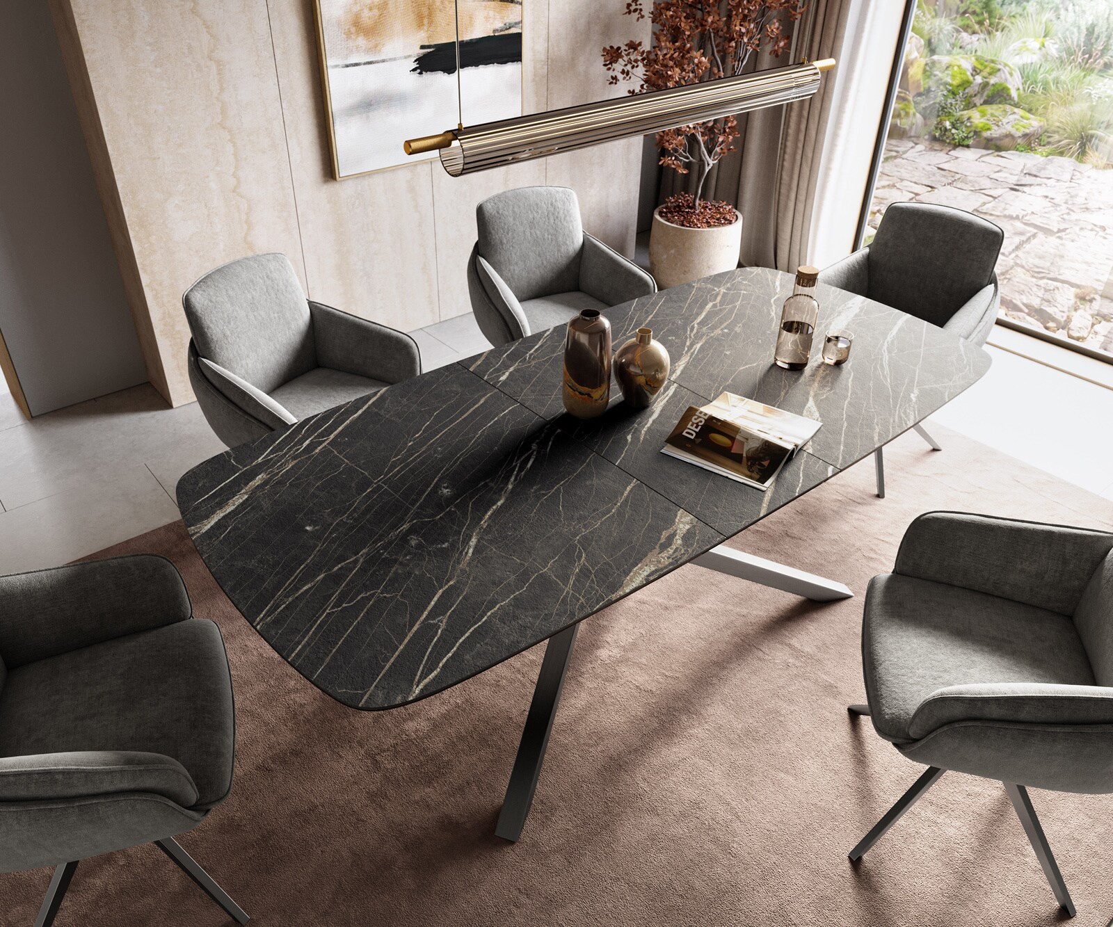 Eettafel Edge Boot 180-220x100 cm Laminam® Keramiek Noir Desir Braun kruisonderstel Rechthoek Roestvrij staal Grafiet uitschuifbaar 4