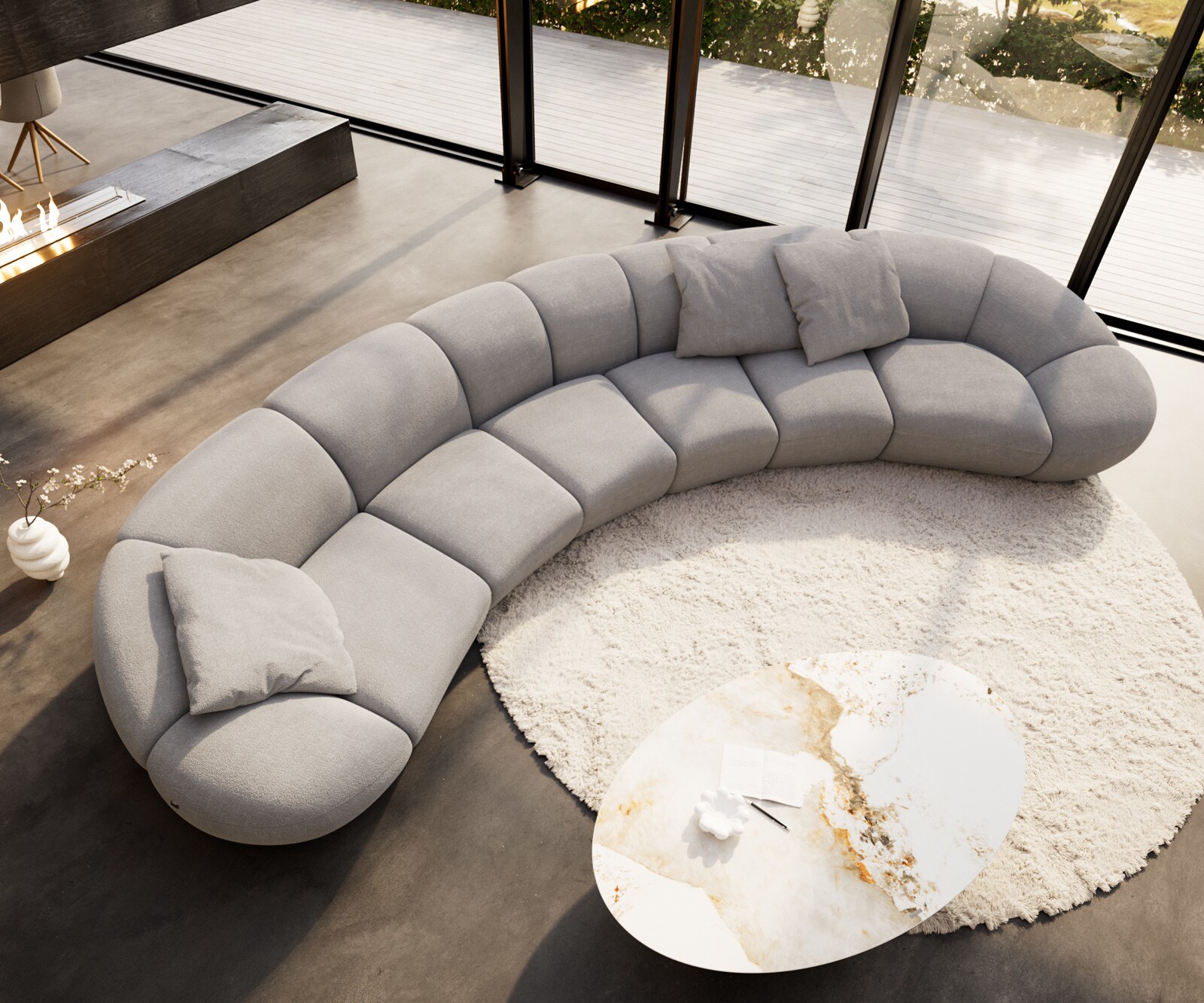 Bigsofa Lunna 470x210 cm Zachte grijze stof met structuur 3 kussens 1