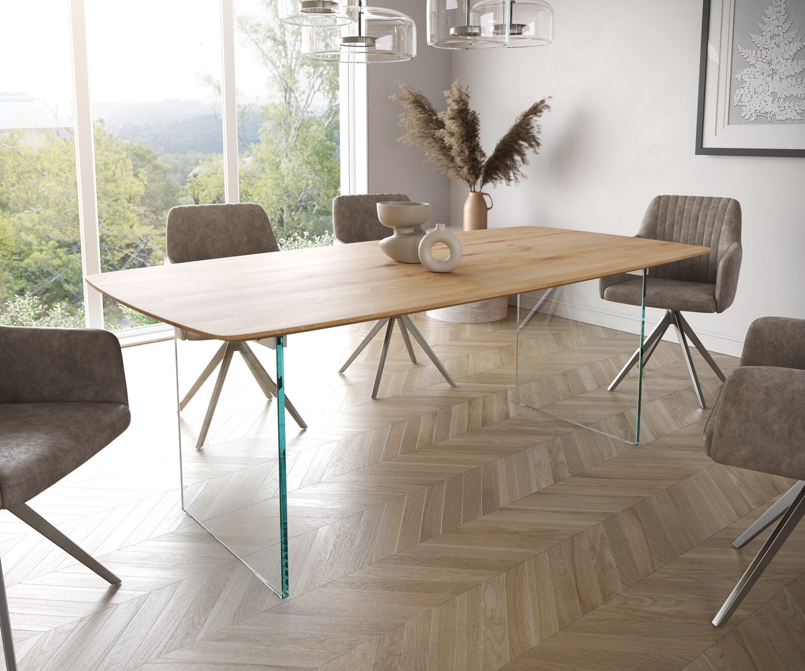 Eettafel Edge Boot 200x100x2,5-3 eiken natuur glas Schweizer Kante 1