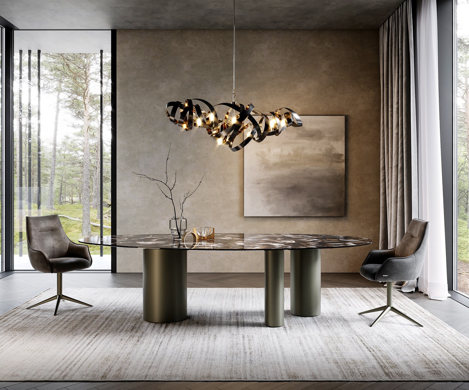 Eettafel Edge Oval 280x130 keramiek Iris FMG Agatablack Troa metaaleffect afwerking titanium 2