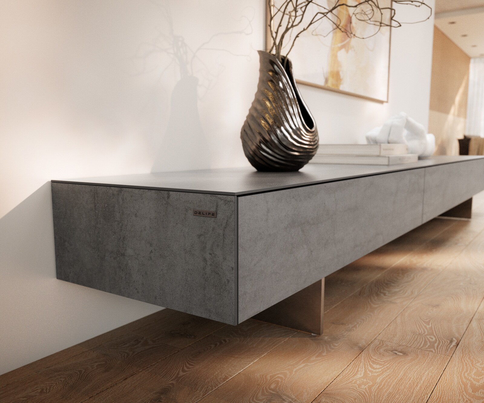 Tv-meubel Cuor 250 cm Keramiek Beton Grijs 1 Flap 1 Laden Zwevende voet look Roestvrij staal 6