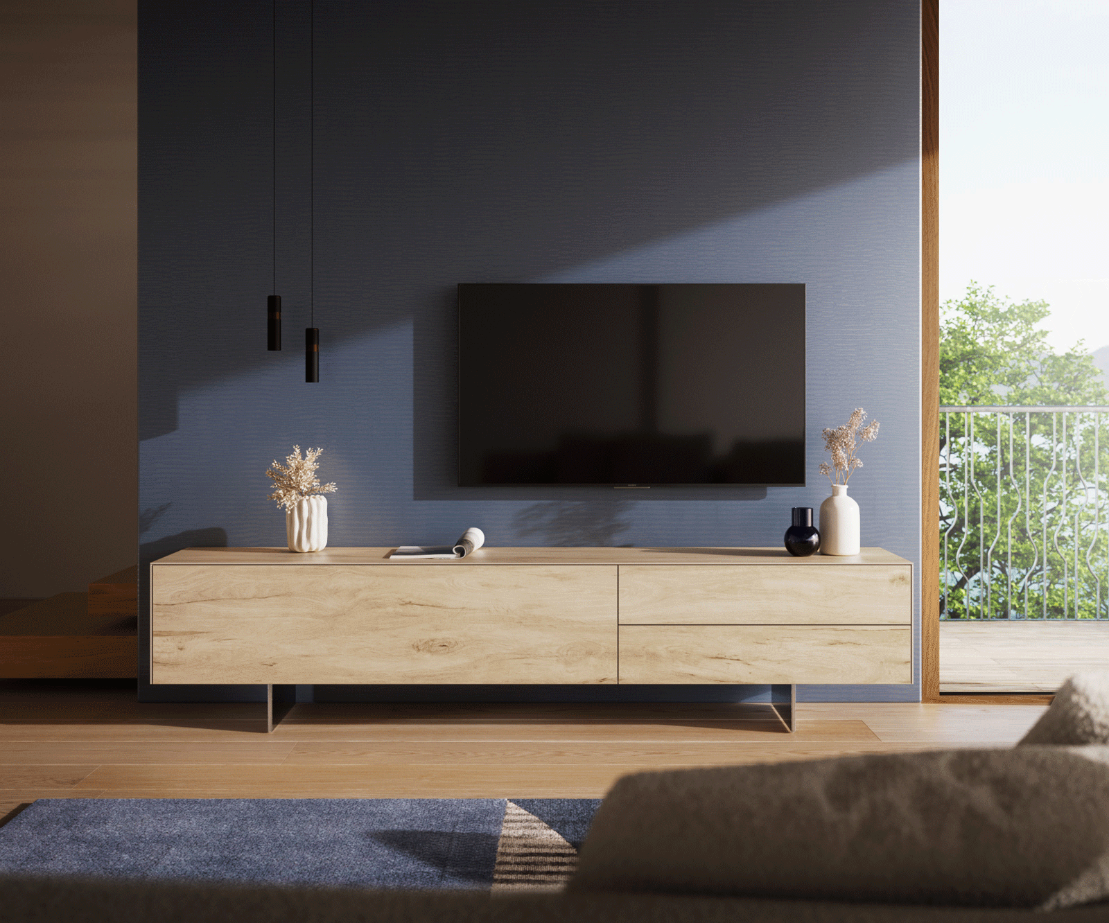 Tv-meubel Cuor 220 cm Keramiek Laminam® Sabbia Eiken gekleurd 1 Flap 2 Laden Zwevende voet look Roestvrij staal 3