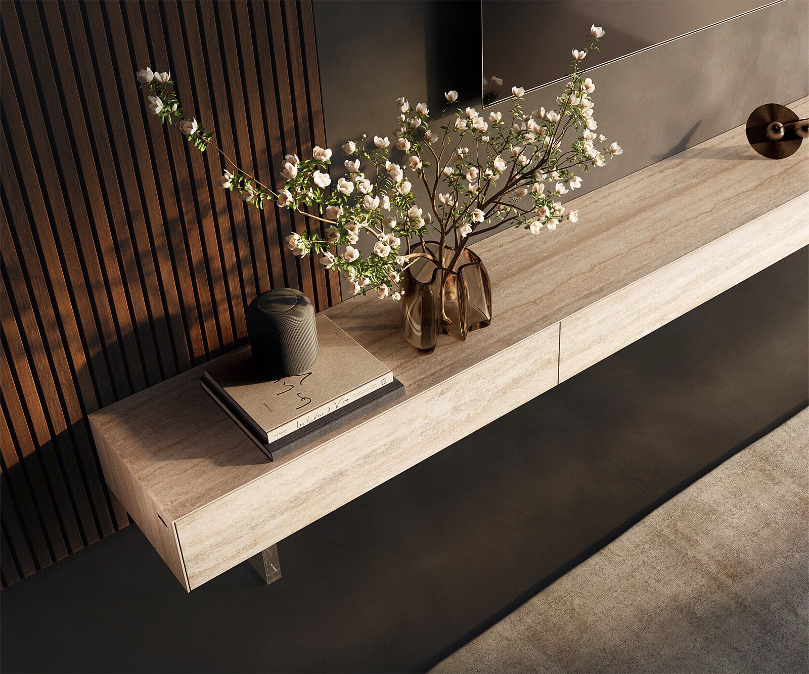 Tv-meubel Cuor 250 cm Keramiek Laminam® Travertino Bianco Crème-wit 1 Flap 1 Lade Zwevende voet look Acrylglas 3