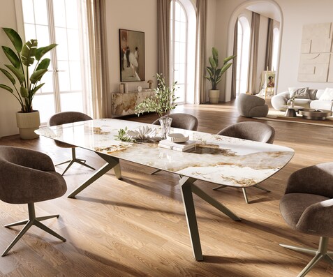 Eettafel Edge Boot 260x120 cm Keramiek Minas Melange Wit-Beige Zenthara kantik Metaal Effectafwerking Titan