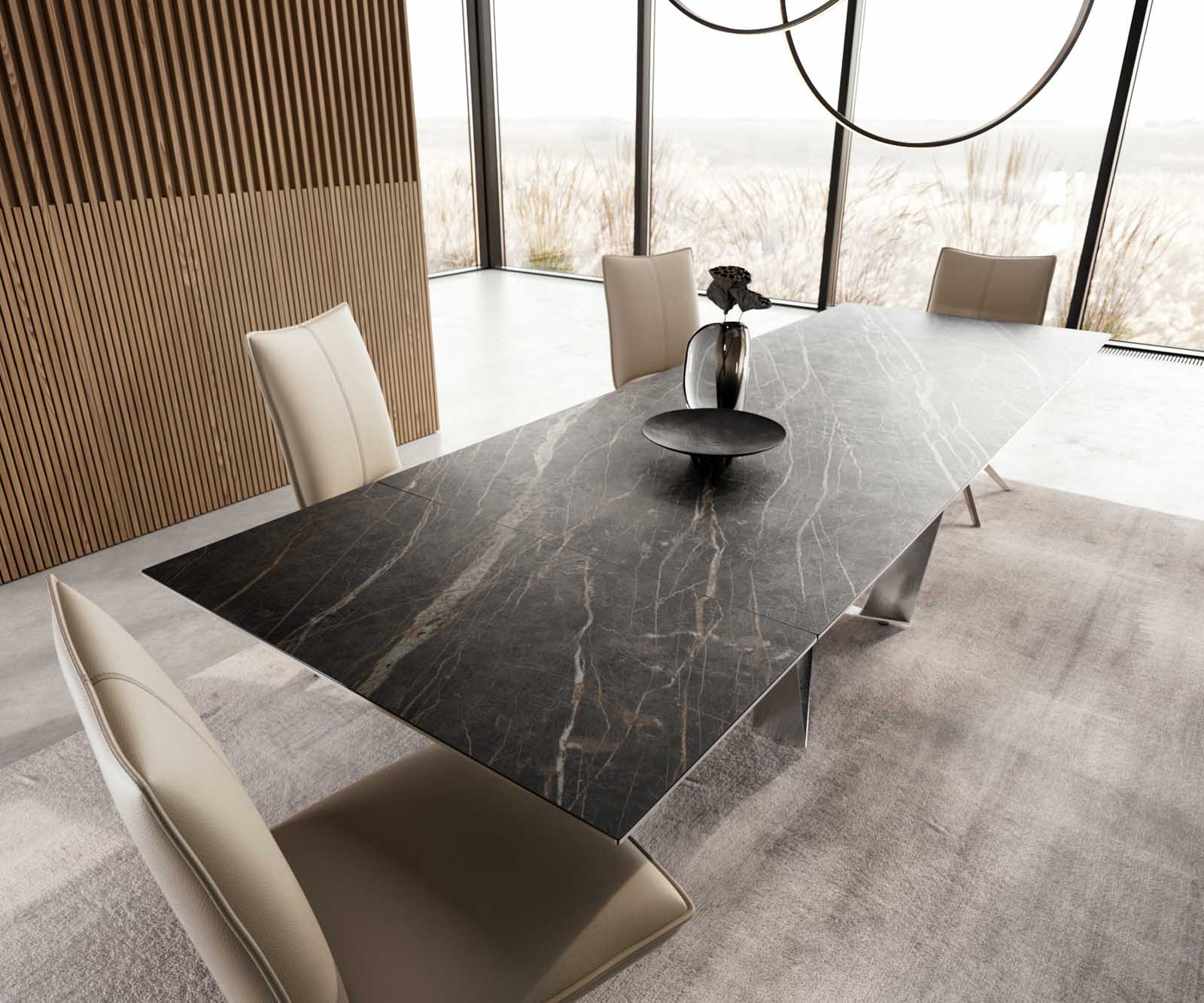 Eetkamertafel Edge 200-300x100 keramiek Laminam®Noir Desir bruin spider vlak staal RVS uitschuifbaar 4