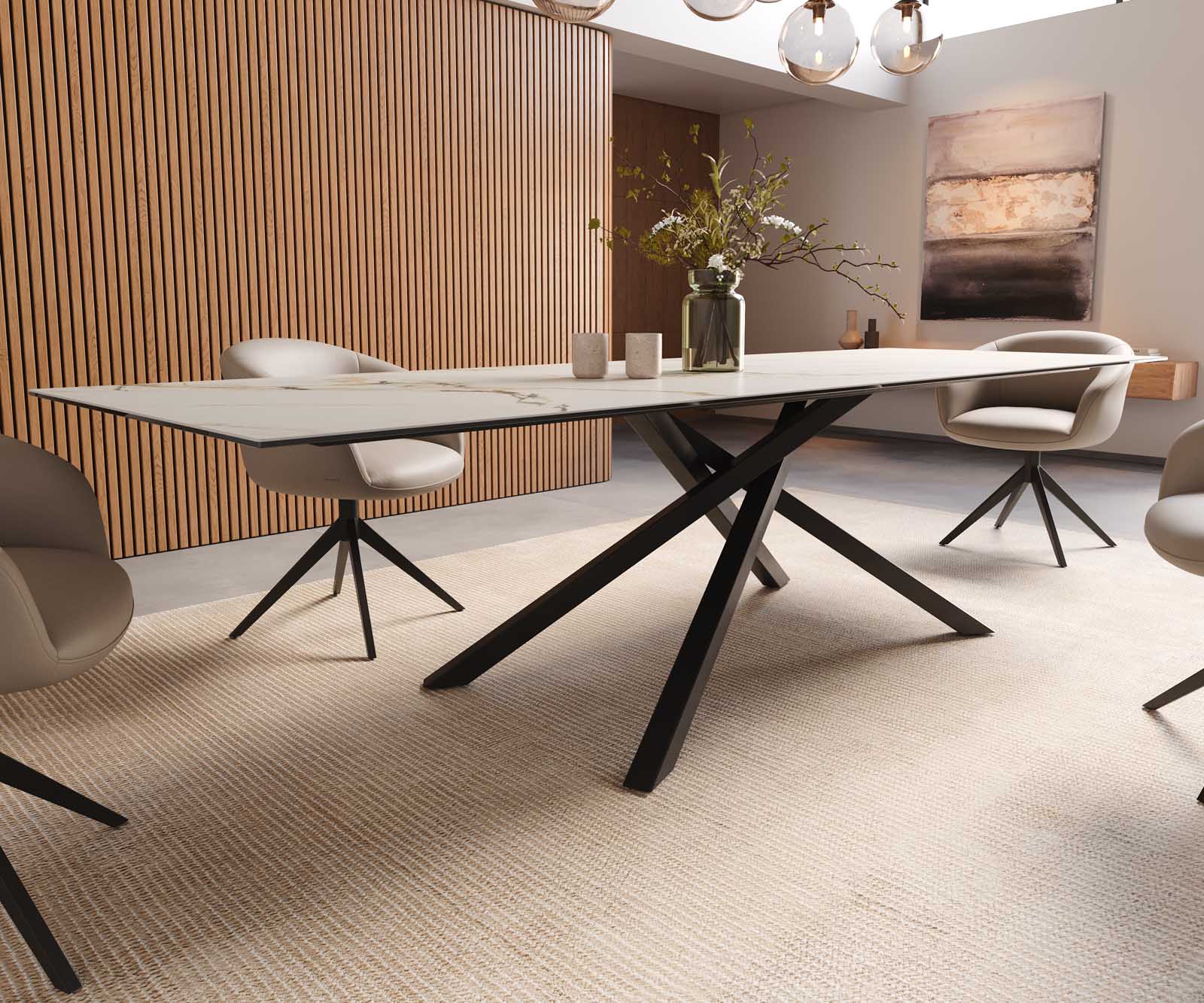Eetkamertafel Edge 300x100 keramiek Calacatta Luxe wit-goud-grijs kruisframe rechthoek zwart 7