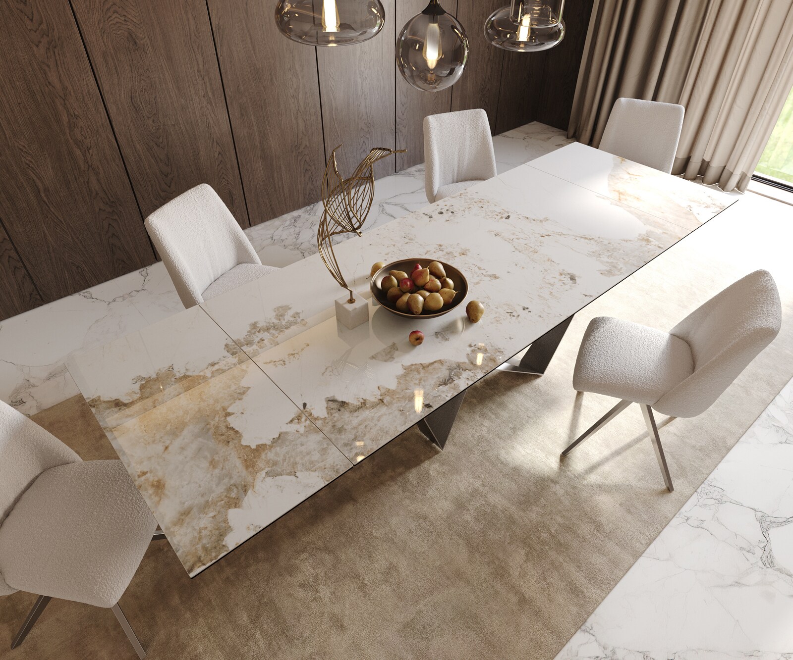 Eetkamertafel Edge 200-300x100 keramiek Minas Melange wit-beige spider vlak staal RVS uitschuifbaar 6
