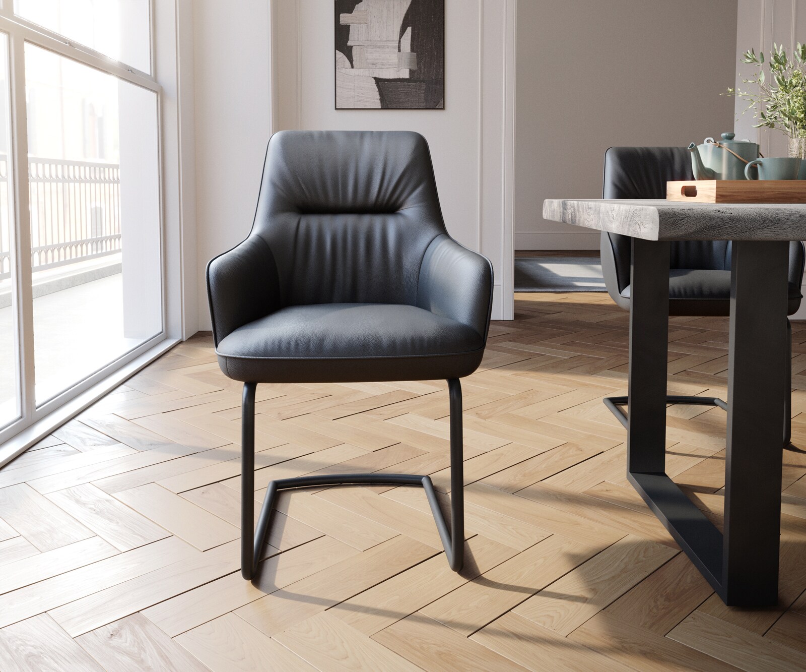 Sledemodel Zelia-Flex met armleuning echt leer zwart sledemodel rond zwart pocketveer kern 2