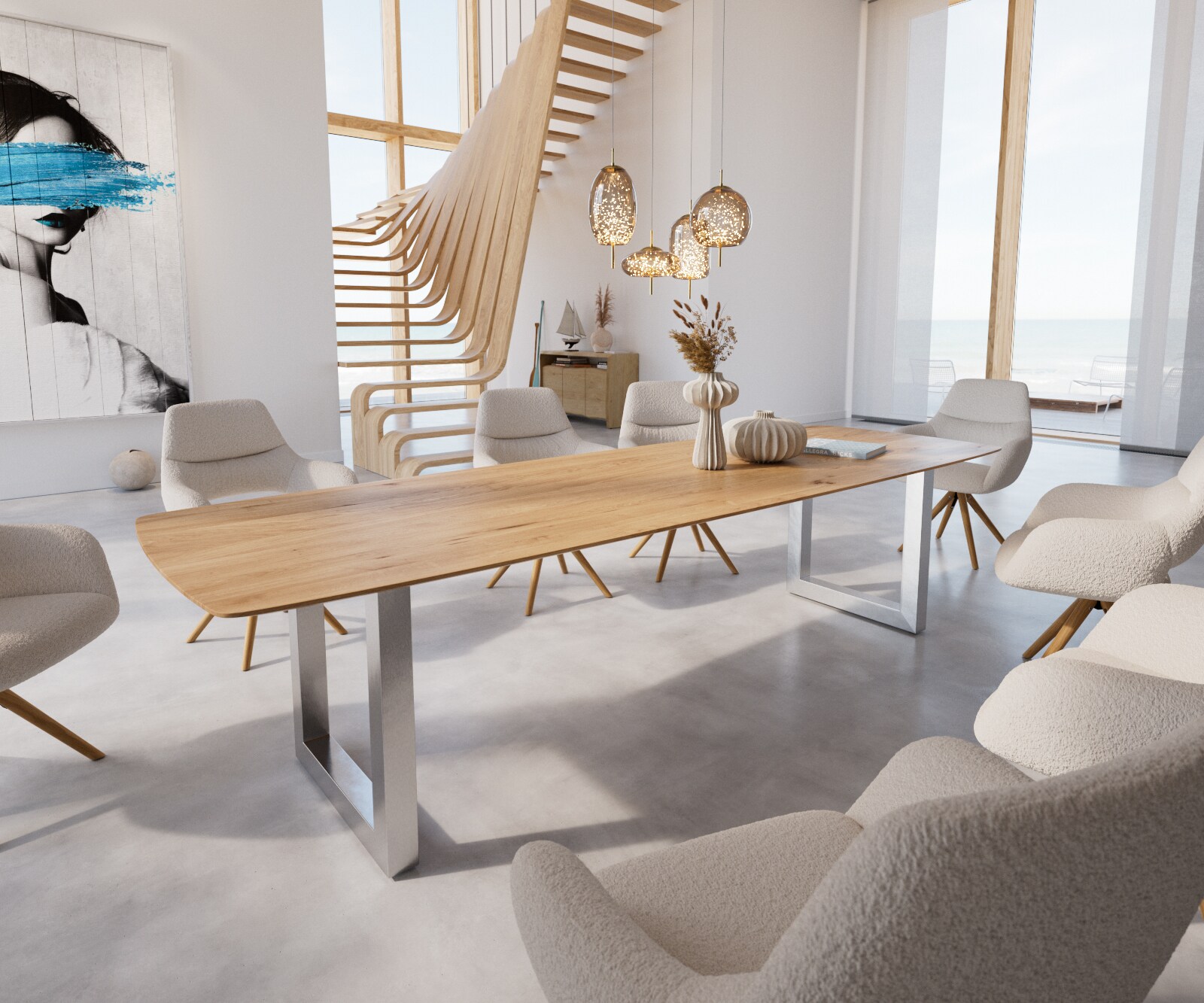 Eettafel Edge Boot 300x120 eiken natuur roestvrij staal  breed Schweizer Kante