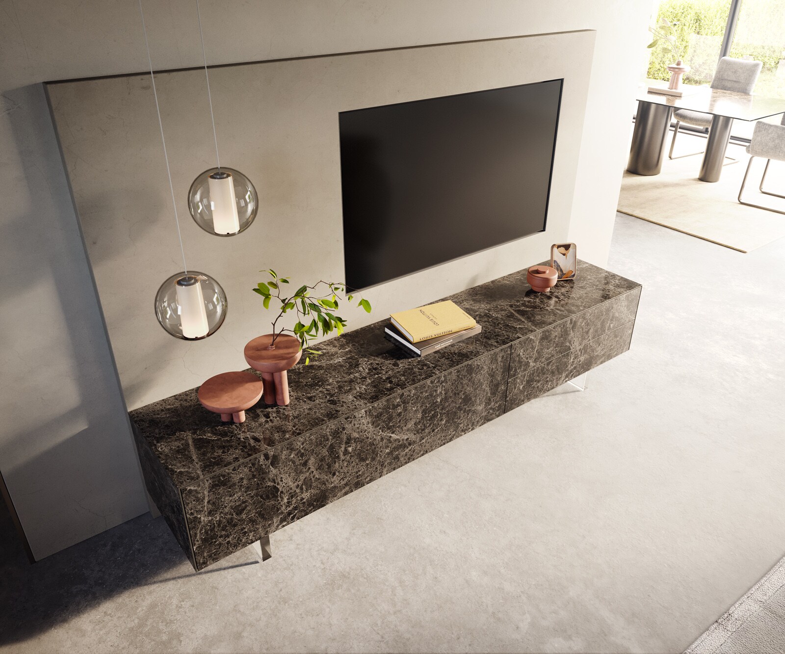 Tv-meubel Cuor 220 cm Keramiek Emperador Extra Lucidato Donkerbruin 1 Flap 2 Laden Zwevende voet look Acrylglas 4