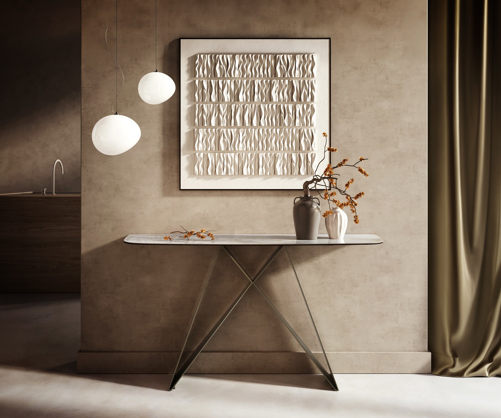 Consoletafel Edge Bootvorm 140x40 cm Keramiek Onyx Pearl Velio Metaal Effektfinish Titan 1