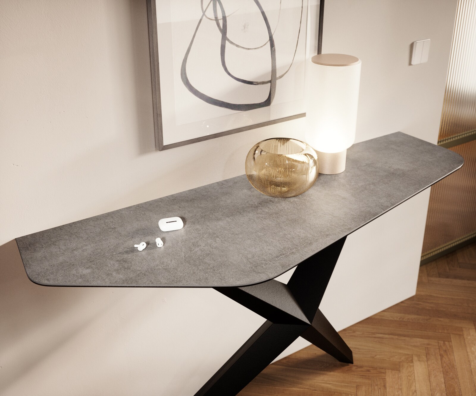 Consoletafel Edge Polygonaal 140x50 cm Keramiek Betongrijs Zentharo Metaal Zwart 5