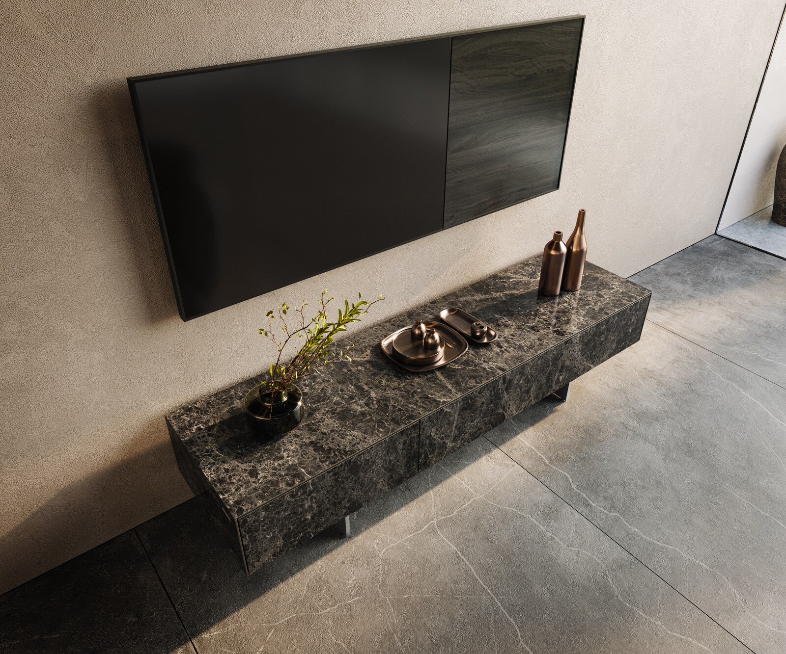 Tv-meubel Cuor 150 cm Keramiek Emperador Extra Lucidato Donkerbruin 1 Flap 1 Lade Zwevende voet look Roestvrij staal 4