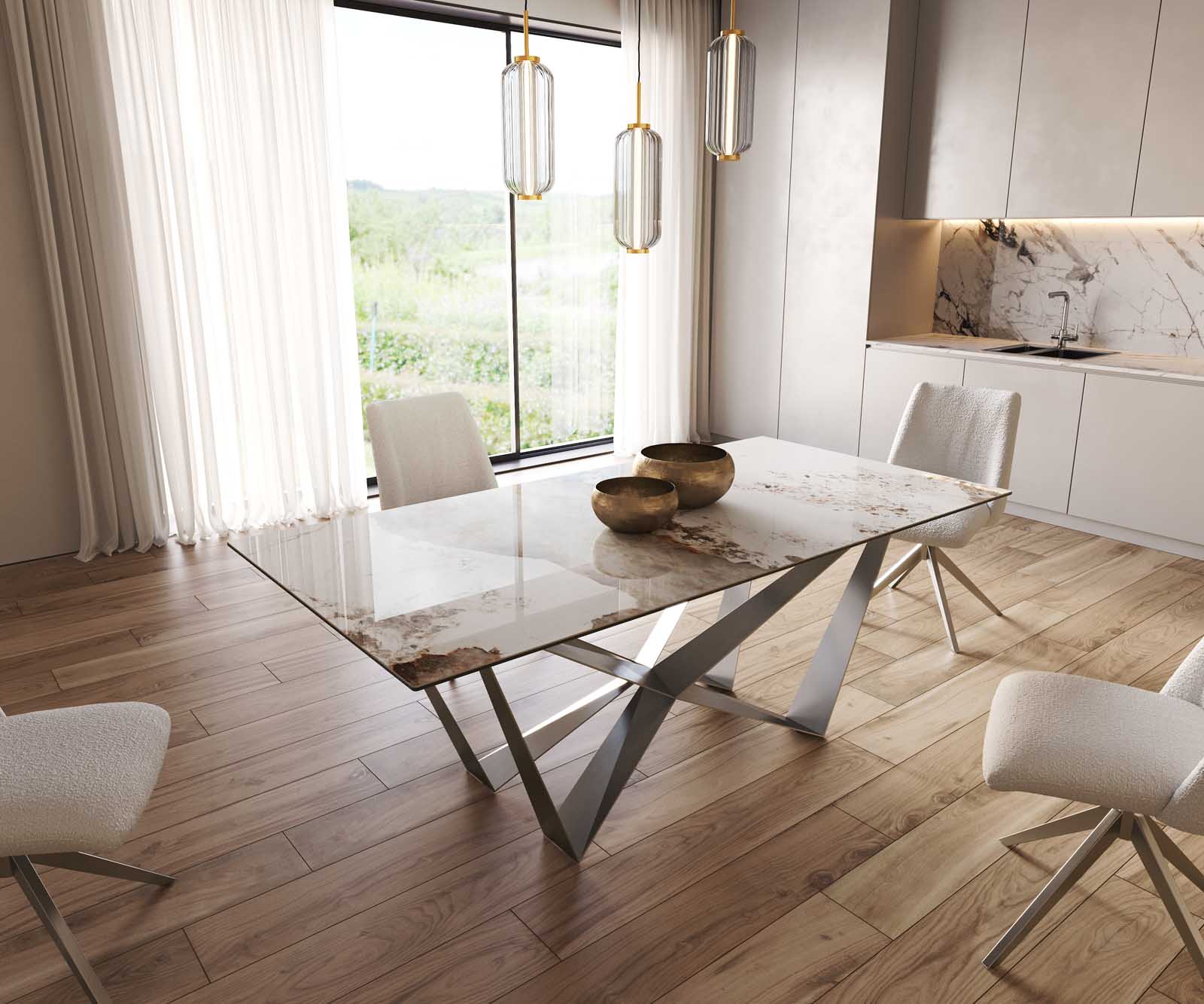 Eetkamertafel Edge 200x100 keramiek Minas Melange wit-beige spider vlak staal RVS
