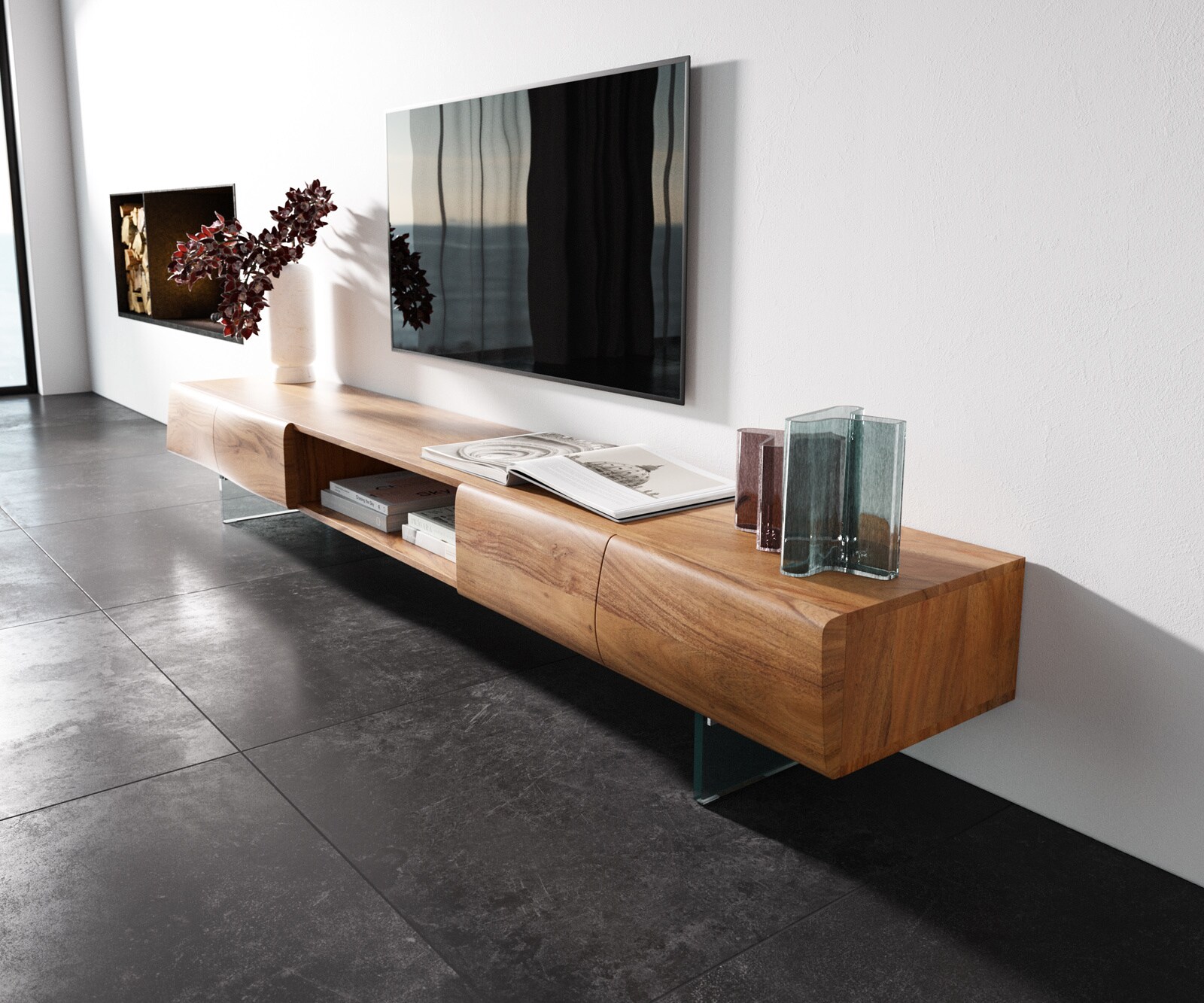 TV-meubel  New Live-Edge 240 cm acacia natuur 4 deuren 1 vak glazen poot 1