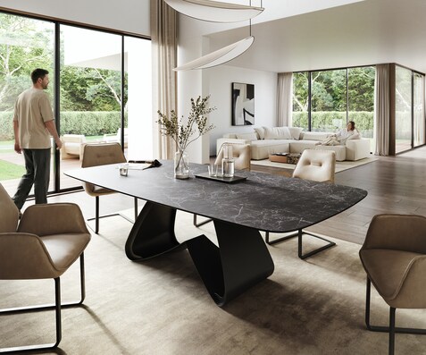 Eettafel Edge Boot 260x120 cm Keramiek Laminam® Nero Greco Anthrazit W-onderstel Metaal Zwart