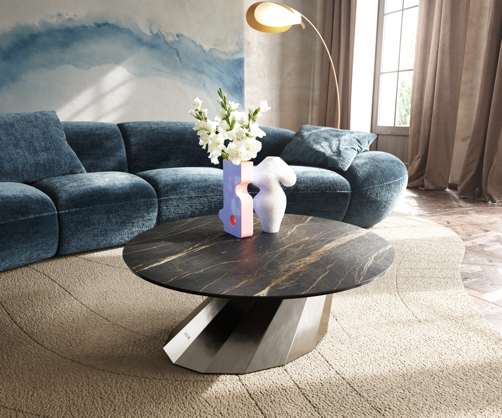 Salontafel Edge rond 90x90 cm keramiek Laminam® Noir Desir bruin Parabi geborsteld roestvrij staal 1