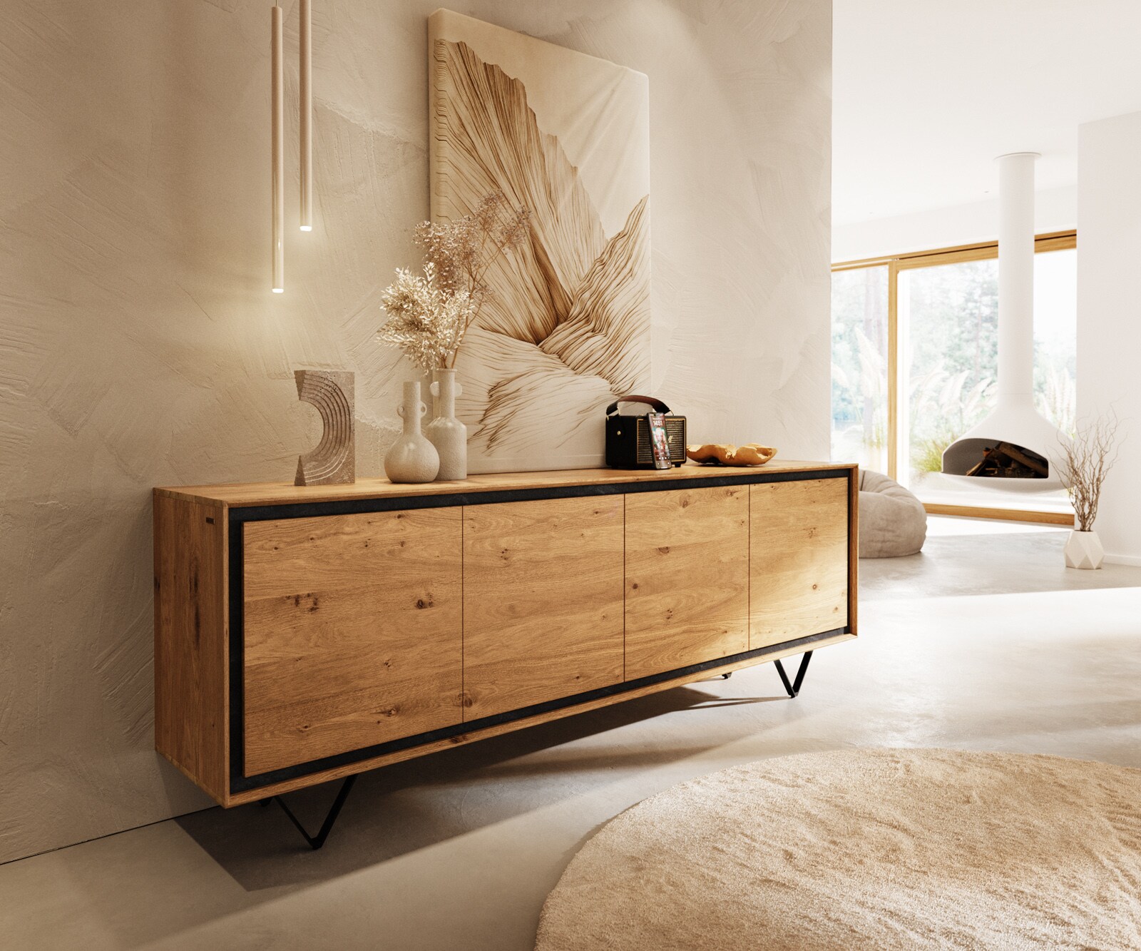 Dressoir Stonegrace 200 cm natuur eiken 4 deuren steenfineer V-poot metaal zwart