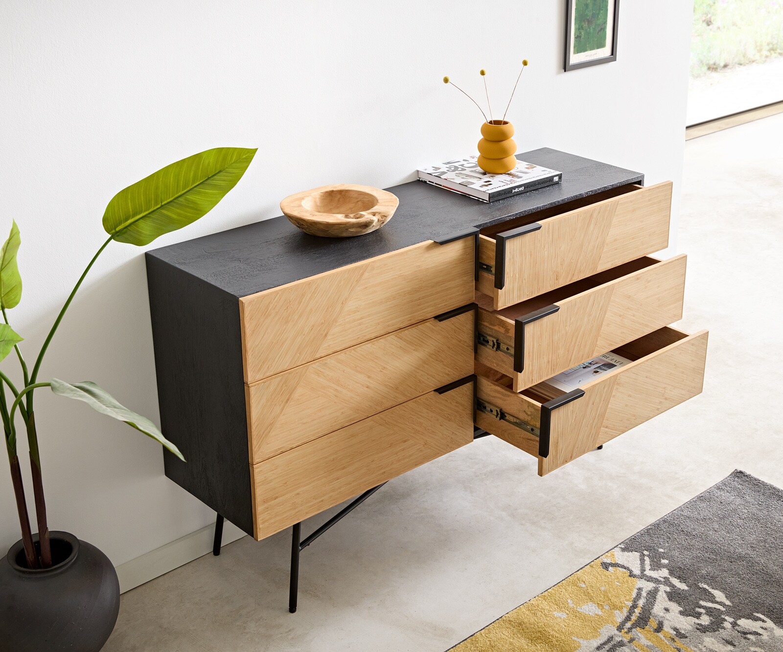 Dressoir Mikkusu 140 Bamboe Natuurlijk Mango Zwart 6 laden Metaal Zwart 3