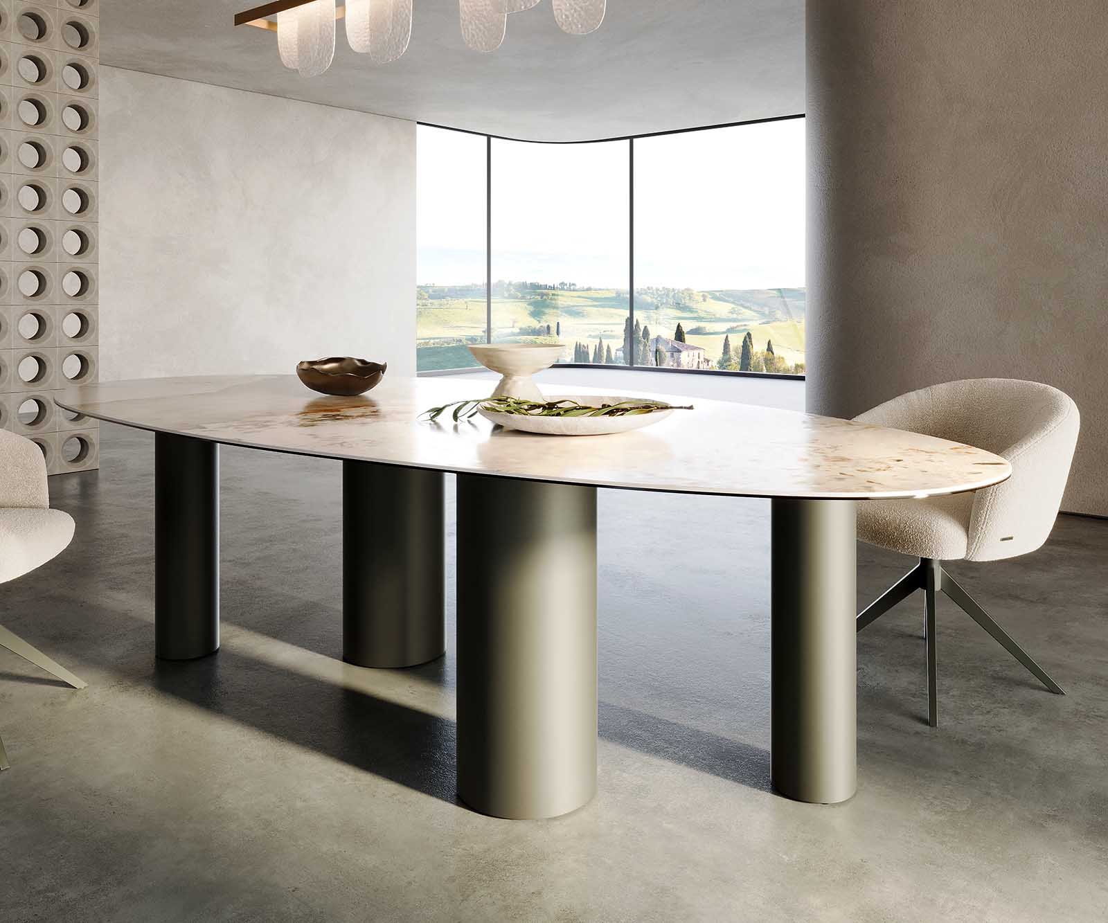 Eettafel Edge ovaal 280x130 keramiek Minas Melange wit-beige pilier metaal effect afwerking titanium 5